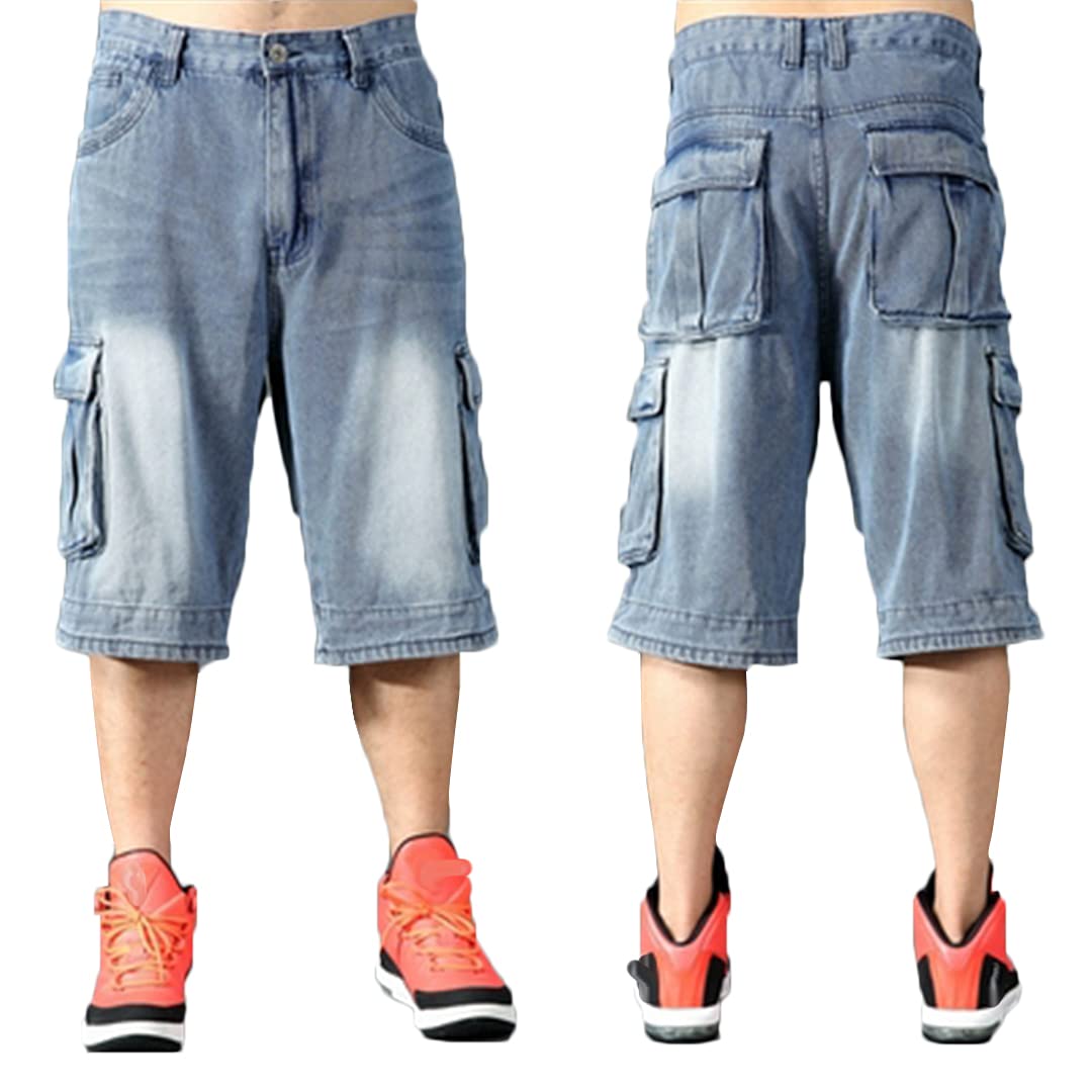 Men's Baggy Jeans Shorts - Hip Hop Loose Fit 3/4 Denim Cargo Shorts with Pockets | Casual Streetwear & Summer Workwear