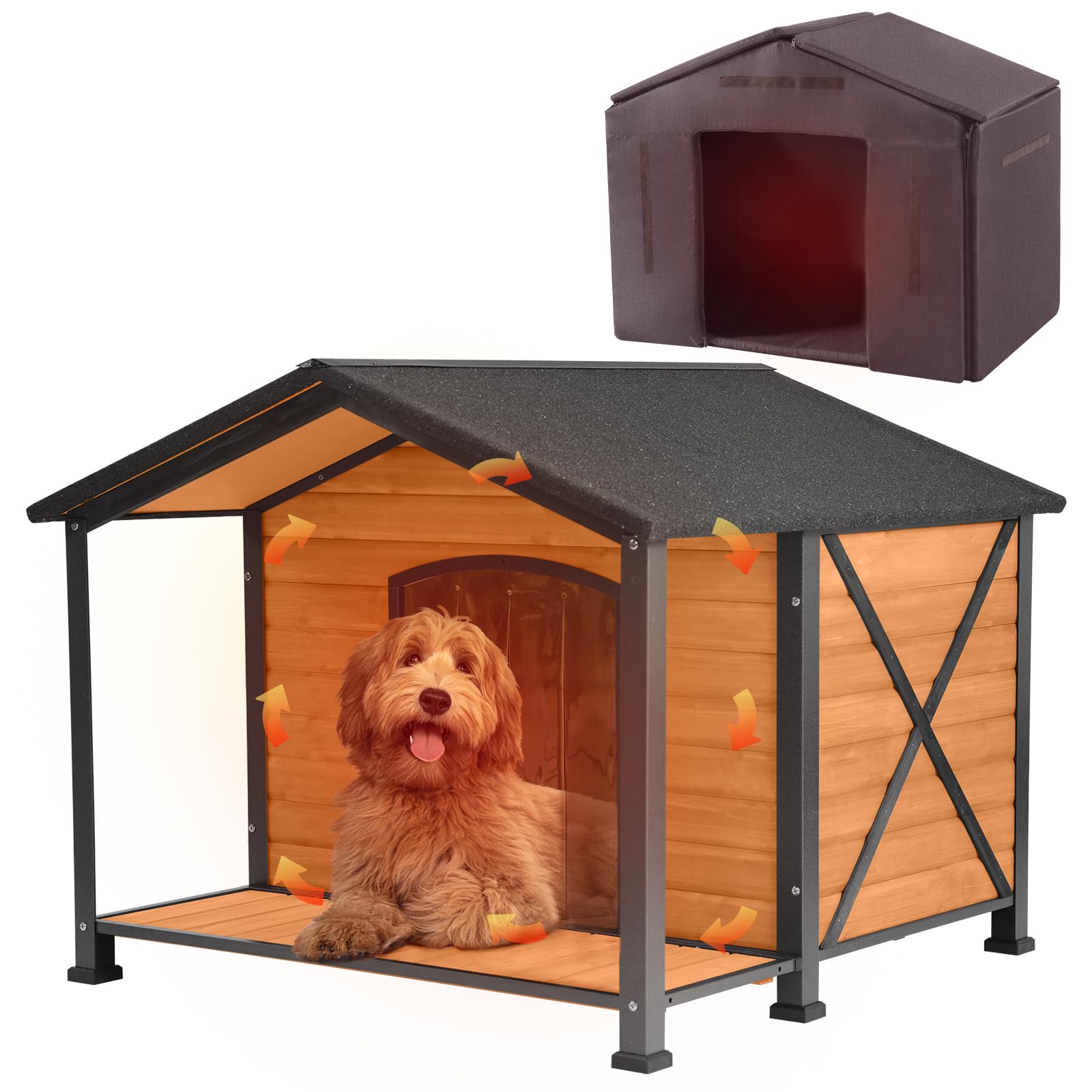 Heated Insulated Extra Large Outdoor Dog House with Liner & All-Around Iron Frame - Winter-Proof Warm Kennel for Large Dogs - Perfect for Backyard, Patio & Cold Weather Protection