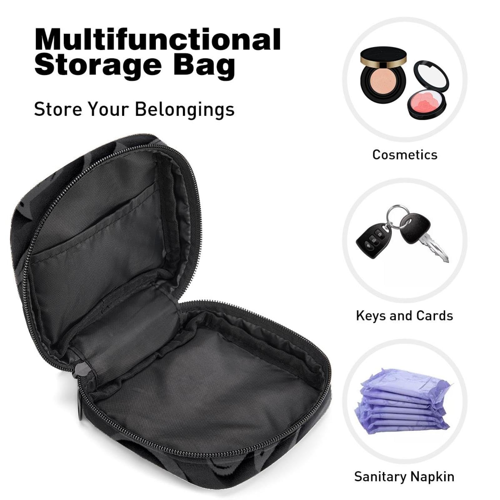 3D Floral Black Leaf Pattern Menstrual Cup & Pad Organizer Pouch - Portable Hygienic Storage for Women & Girls - Perfect for Travel, Gym, and Daily Use