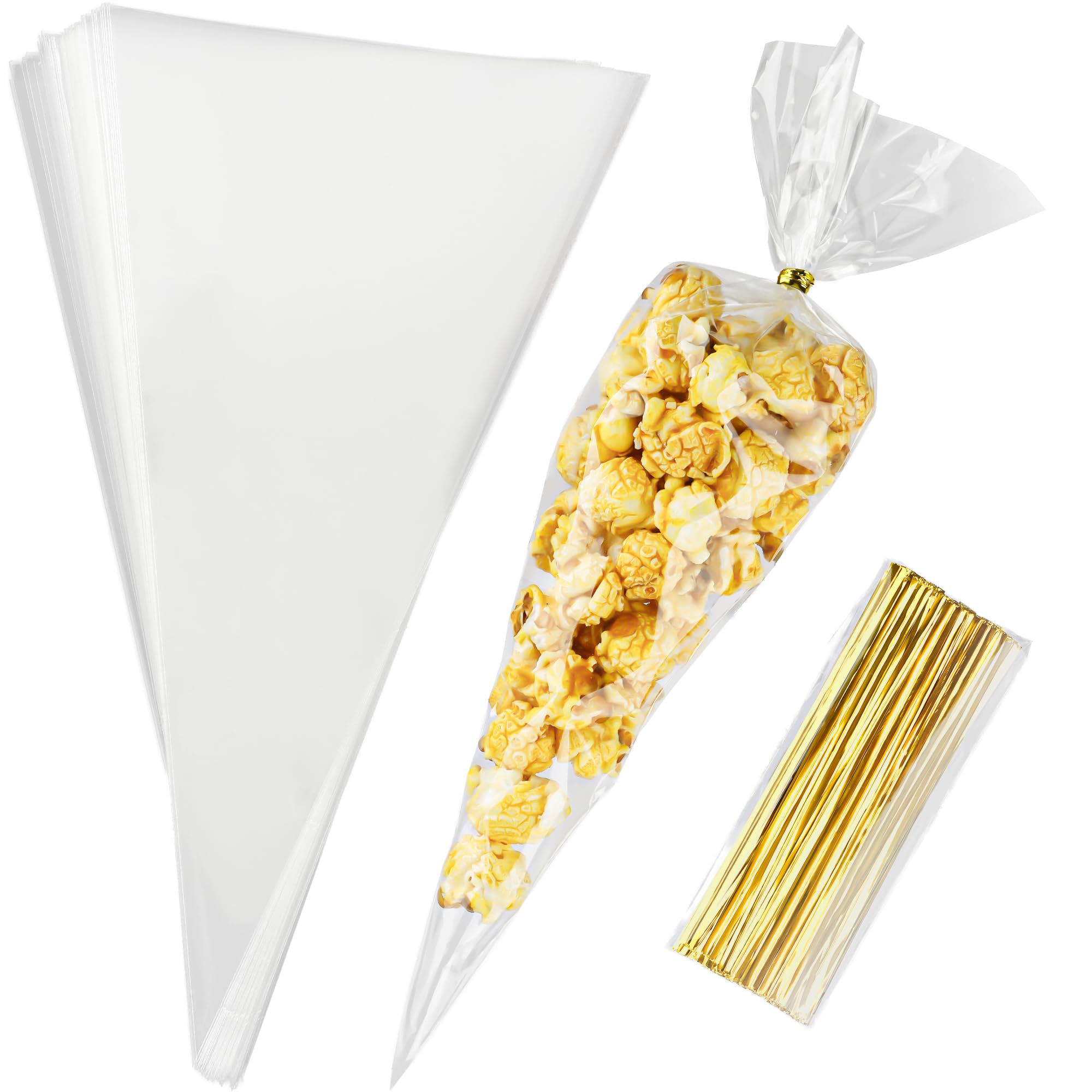 100 Pack Clear Cone Shaped Treat Bags with Twist Ties - 10x5 Inches Triangle Cellophane Bags for Popcorn, Candy, Cookies - Perfect for Birthday Parties, Baby Showers & Holiday Gift Packaging