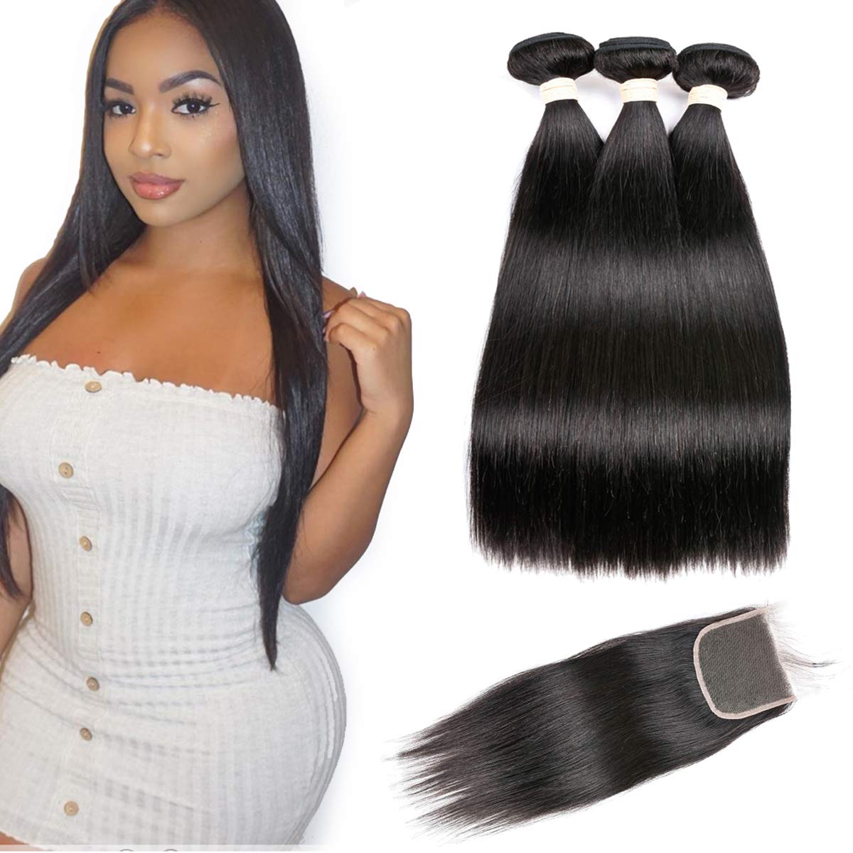Brazilian Straight Virgin Hair 3 Bundles with Lace Closure (30 30 30+20) - 10A Grade 100% Unprocessed Remy Human Hair Extensions for Weaving & Styling | Perfect for Salon, Wedding, and Everyday Glam Looks