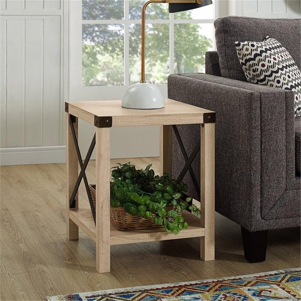 Pemberly Row Transitional Wood Metal-X End Table with Shelf in Oak (Set of 2) - Modern Side Table for Living Room, Bedroom & Office - Perfect for Coffee, Books & Decor