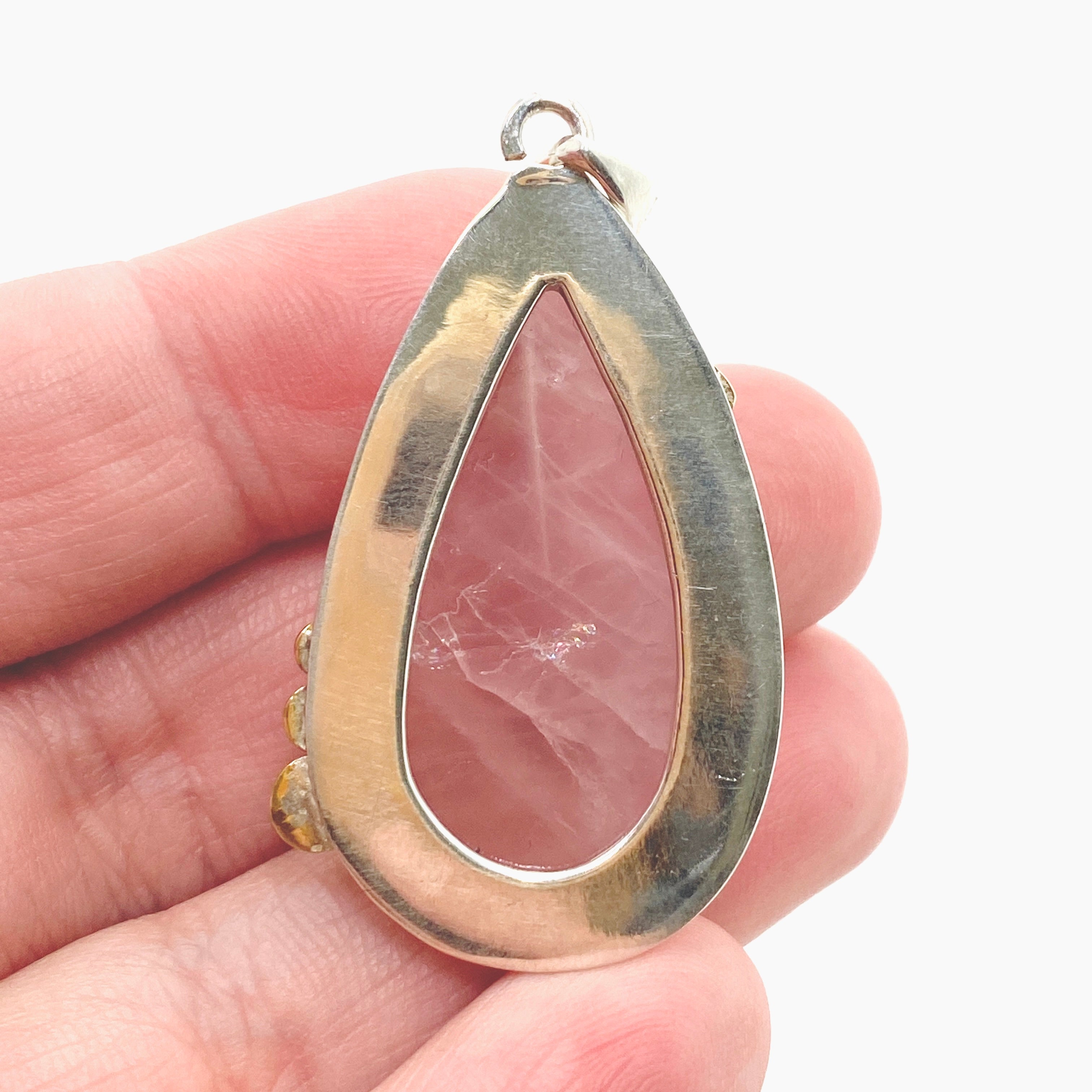 Rose Quartz Teardrop Cabochon Pendant Necklace with Decorative Sterling Silver Setting KPGJ4687 - Perfect for Meditation, Healing & Spiritual Jewelry Gifts