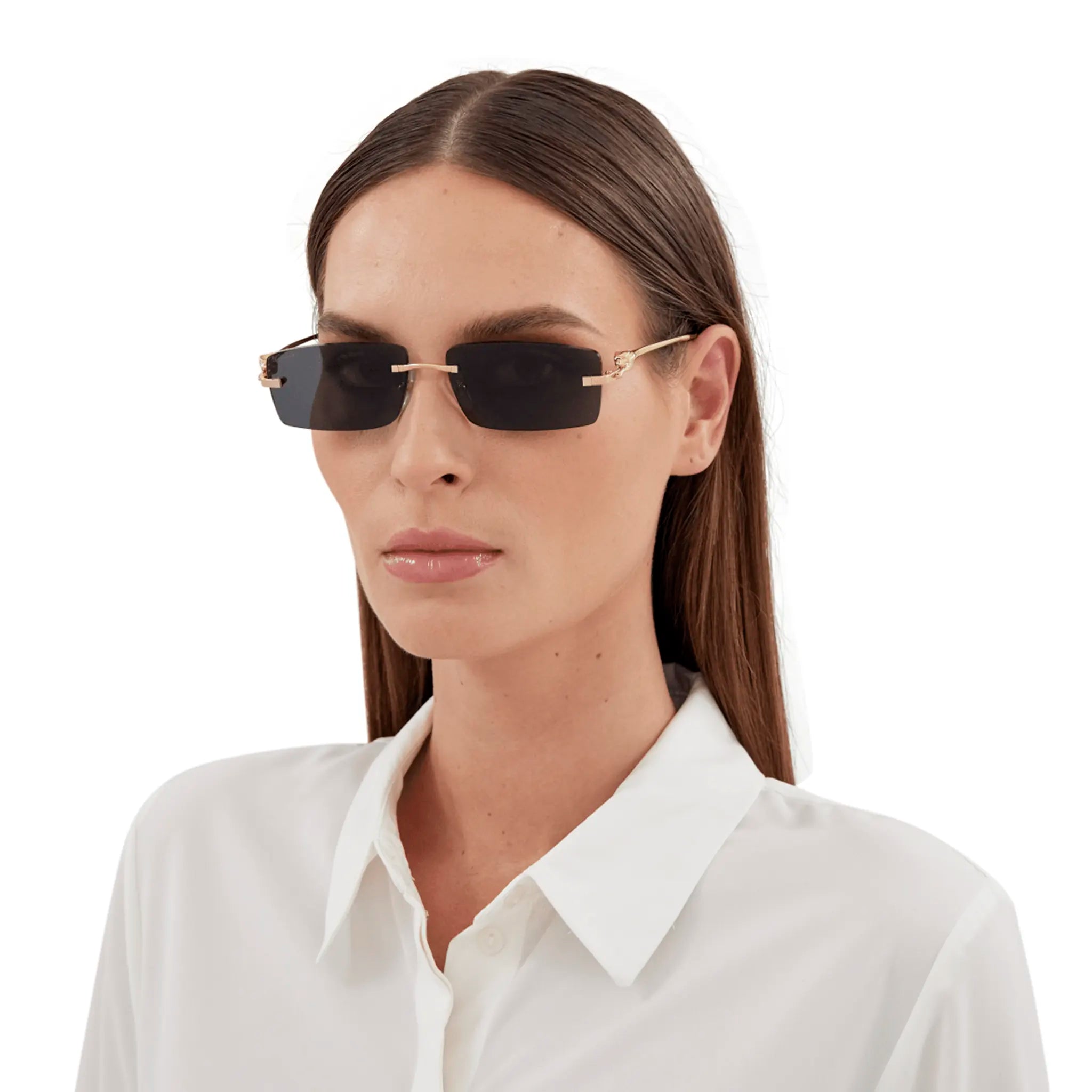 Cartier CT0430S 001 Panthere De Cartier Gold Grey Rimless Sunglasses for Women - Luxury Designer Eyewear - UV Protection - Perfect for Beach, Driving & Fashion Outfits