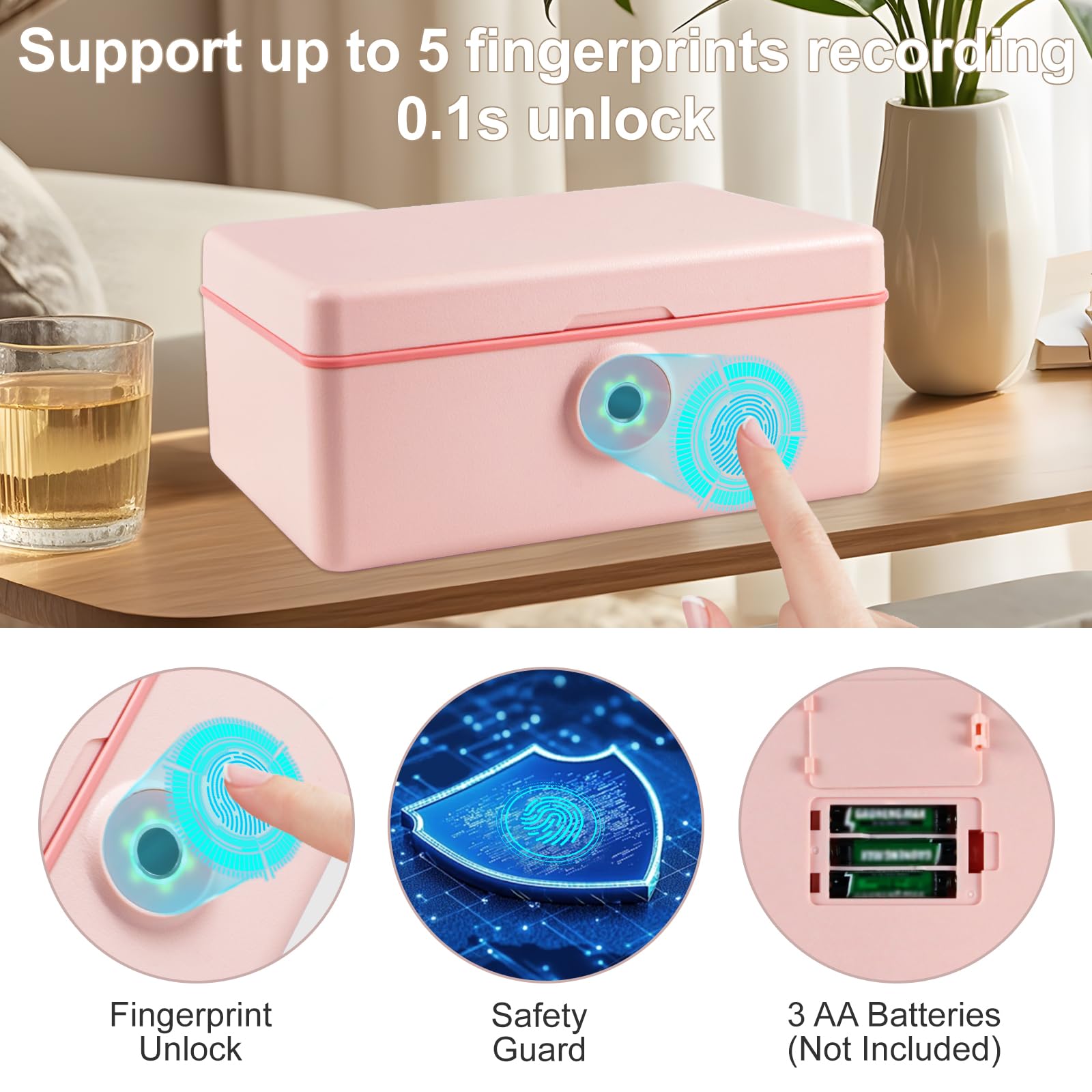 3-Layer Fingerprint Safe Storage Box - Large Capacity Portable Jewelry Organizer with Security Lock for Women & Girls - Ideal for Home, Office, School, Travel & Gifts (Pink, 2 Trays) - Perfect for Storing Cash, Valuables & Personal Items Securely