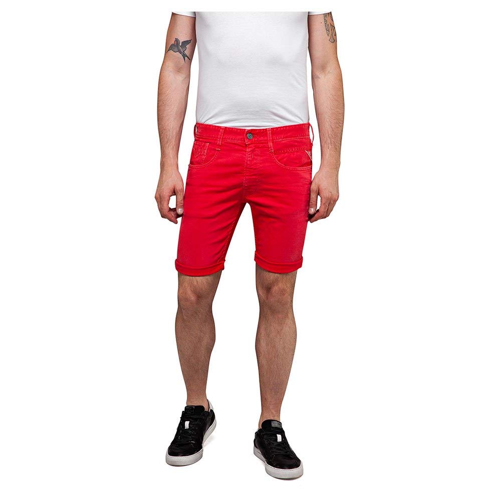 Replay Jeans Slim-Fit Men's Denim Shorts for Men - Comfortable Stretch Denim Shorts with Adjustable Waist, Casual Summer Shorts for Outdoor Activities, Beach, and Travel (Red)