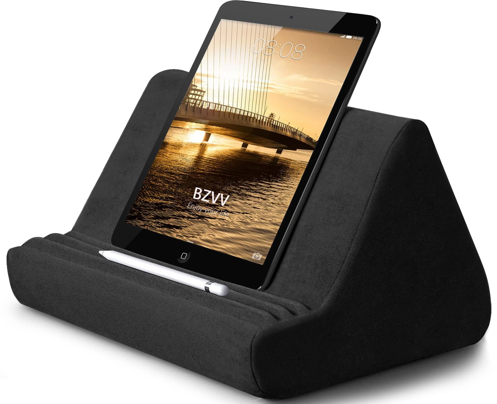 Adjustable Tablet Stand Pillow with Pocket - 3 Viewing Angles, Soft Cushion Holder for iPad, Tablet, eReader, Smartphone, Book & Magazine - Perfect for Bed, Sofa & Travel (Black)