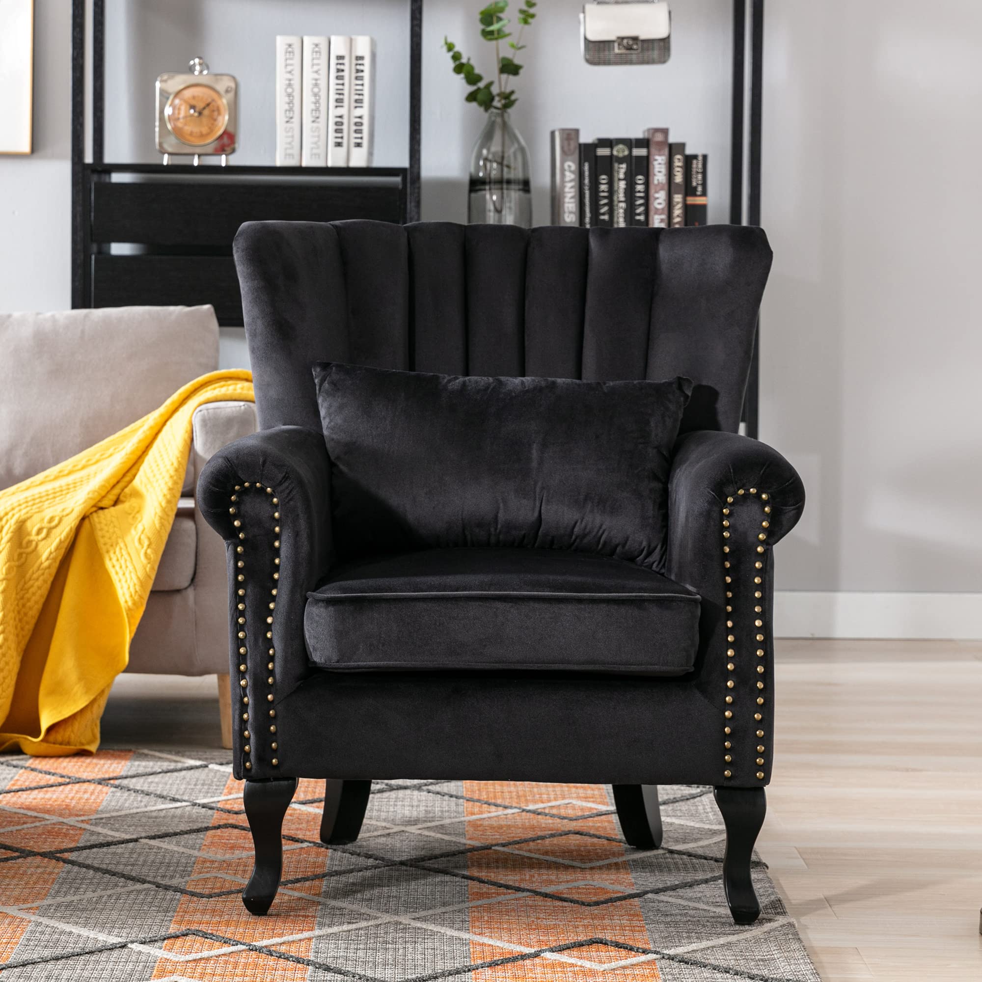 Mid-Century Modern Velvet Tufted Wingback Accent Armchair with Pillow - Stylish Lounge Chair for Living Room, Bedroom, or Office - Black