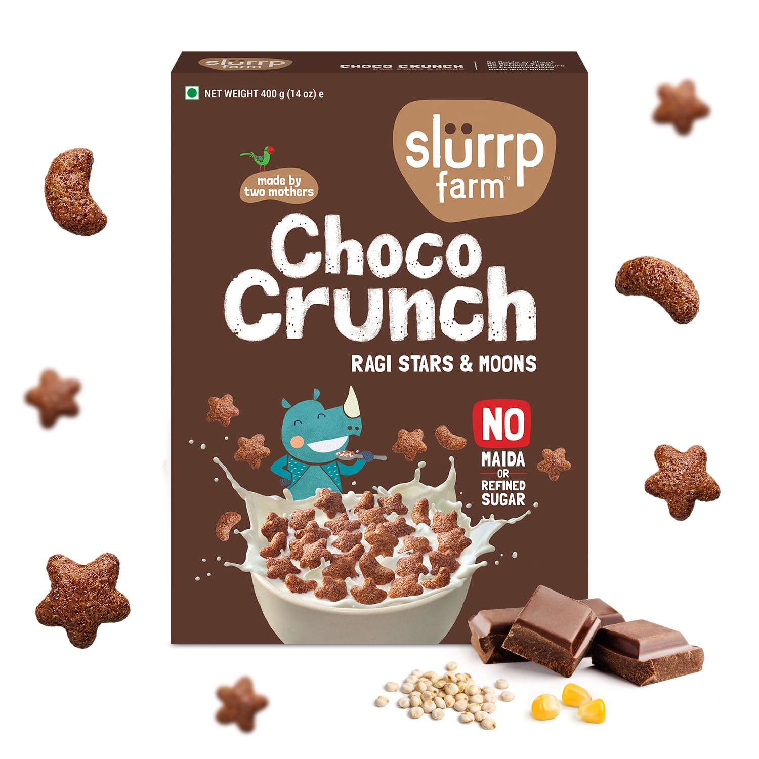 Slurrp Farm Choco Crunch Chocolate Cereal - Healthy Kids Breakfast with Ragi Stars & Moons | No Maida, No Refined Sugar, No Artificial Colors | 400g | Perfect for School Lunches & Morning Snacks