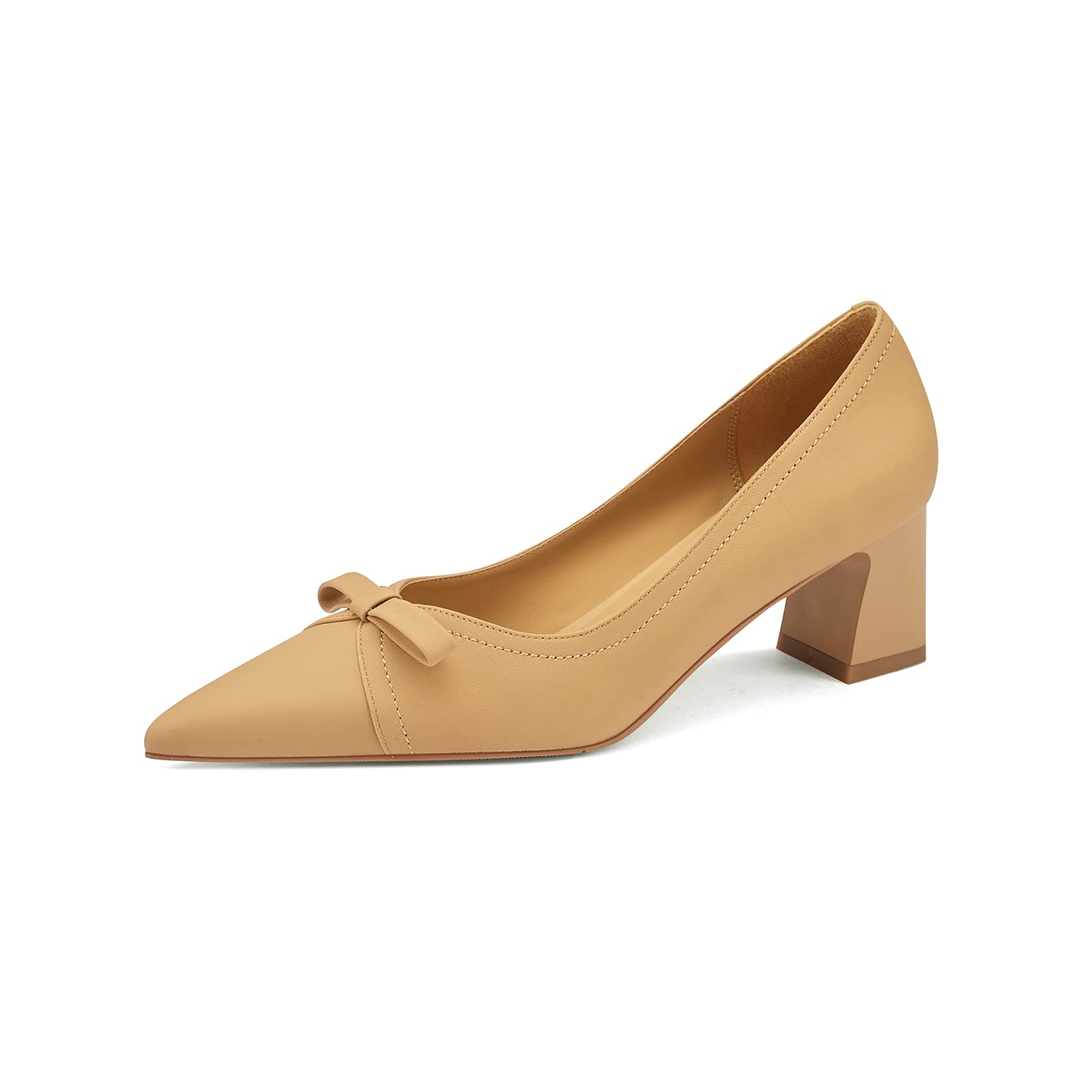 TinaCus Women's Handmade Genuine Leather Pointed Toe Block Heel Bow Loafers - Elegant Slip-On Pumps for Office, Party & Casual Wear