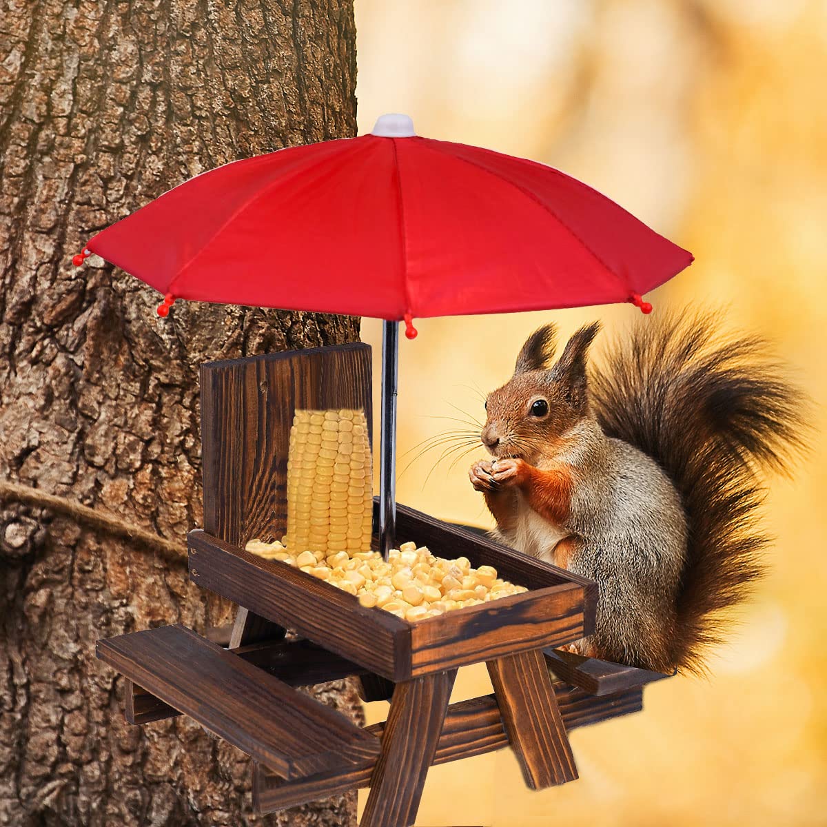 Premium Squirrel Feeder Picnic Table with Umbrella & Corn Holder - Outdoor Wildlife Feeding Station for Squirrels & Chipmunks - Perfect Garden Decor & Unique Gift for Animal Lovers - Ideal for Backyards, Parks & Nature Watching
