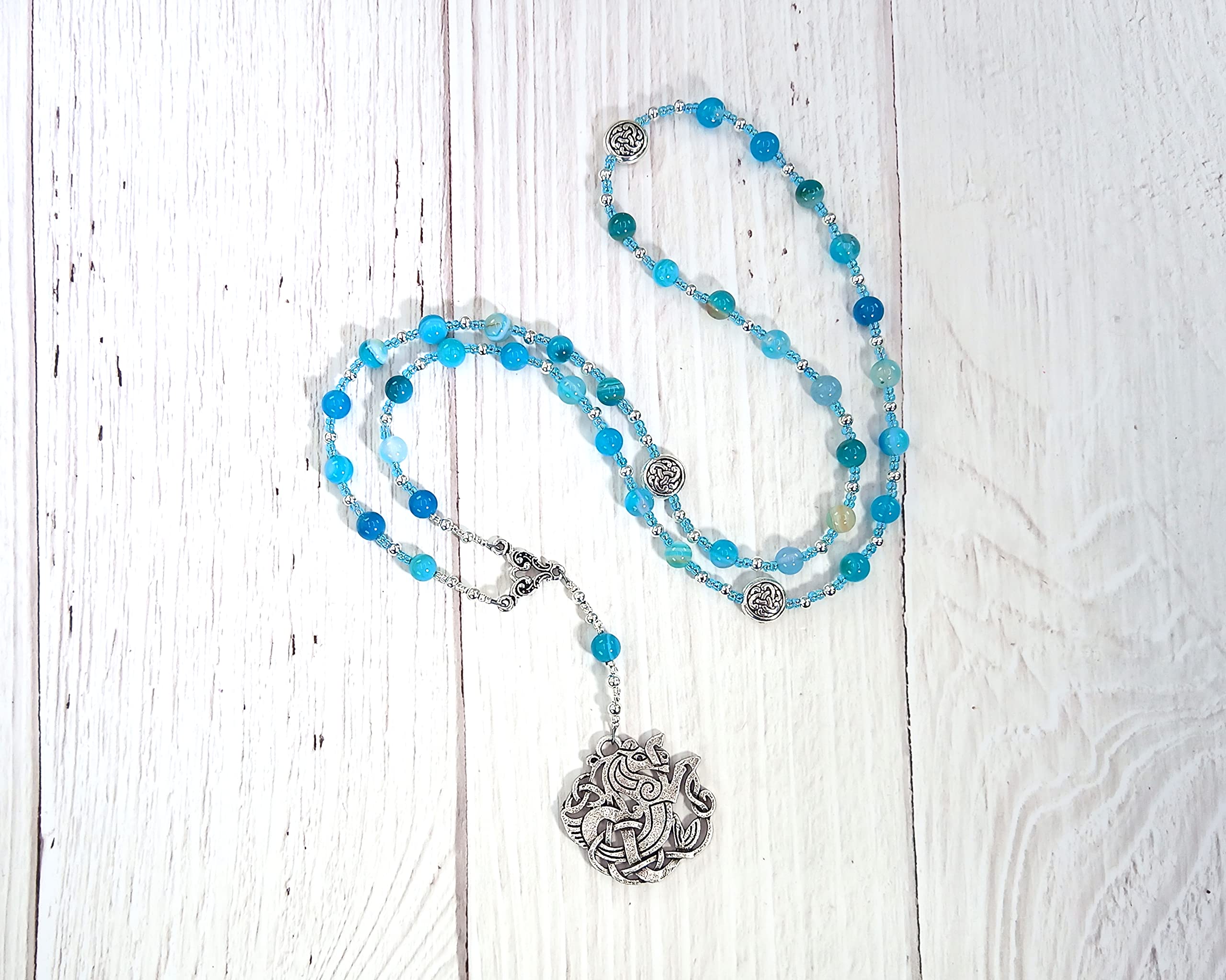 Manannan mac Lir Prayer Bead Necklace - Blue Agate Celtic Jewelry | Irish Sea God Necklace for Spiritual Protection & Meditation | Perfect for Pagan Rituals & Celtic Traditions