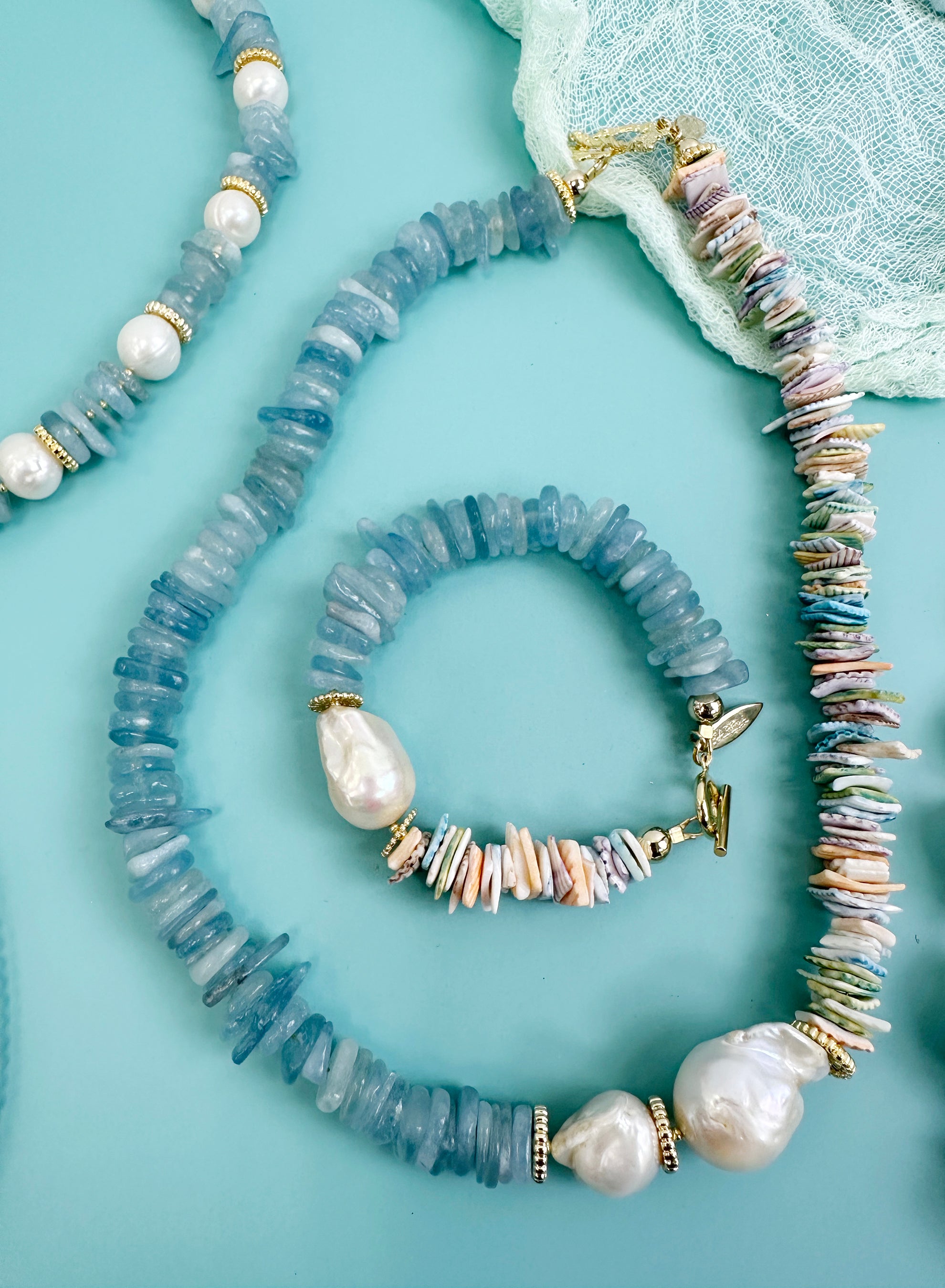 Aquamarine Baroque Pearl Necklace with Colorful Shells - Elegant Bohemian Jewelry for Women, Beach Wedding, Party & Gift Giving