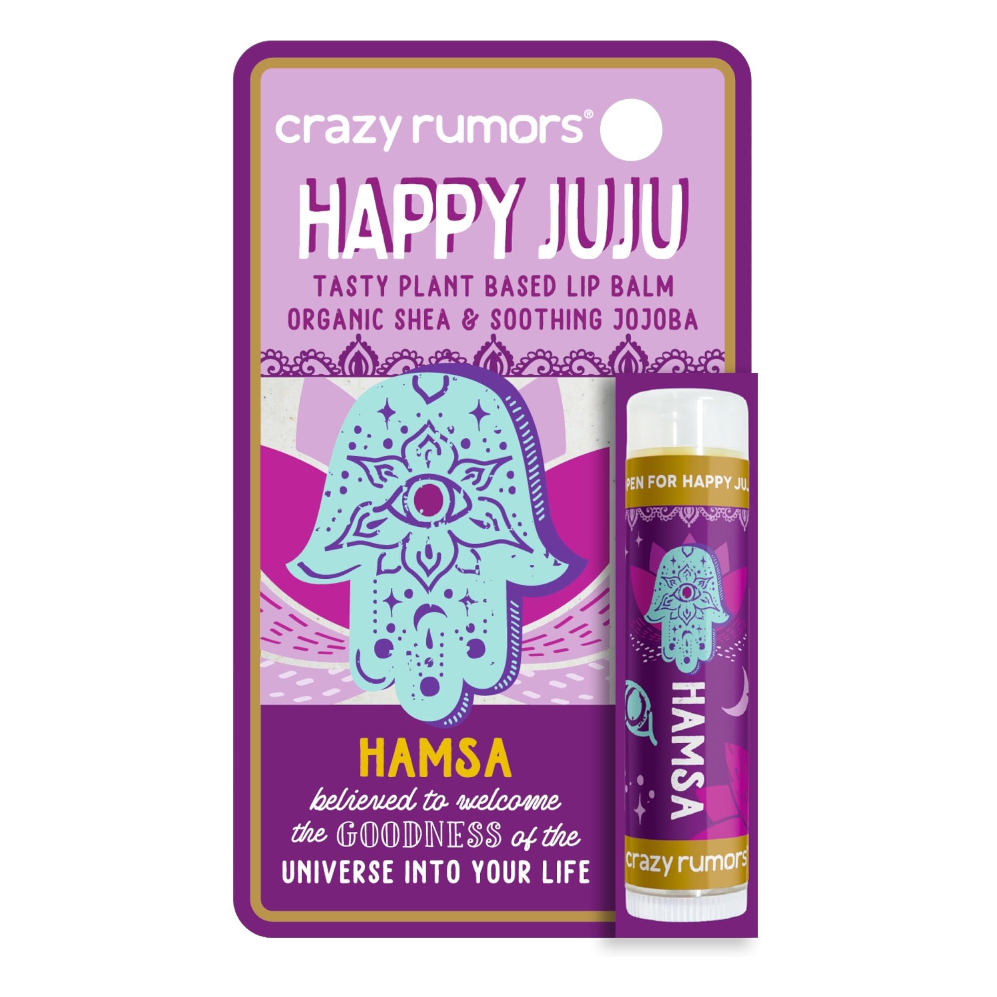 Crazy Rumors Happy Juju All Natural Vegan Lip Balm - Organic Shea Butter & Jojoba Oil - Moisturizing & Nourishing - 1 Pack (Hamsa Design) - Perfect for Dry Lips, Daily Hydration & On-The-Go Use