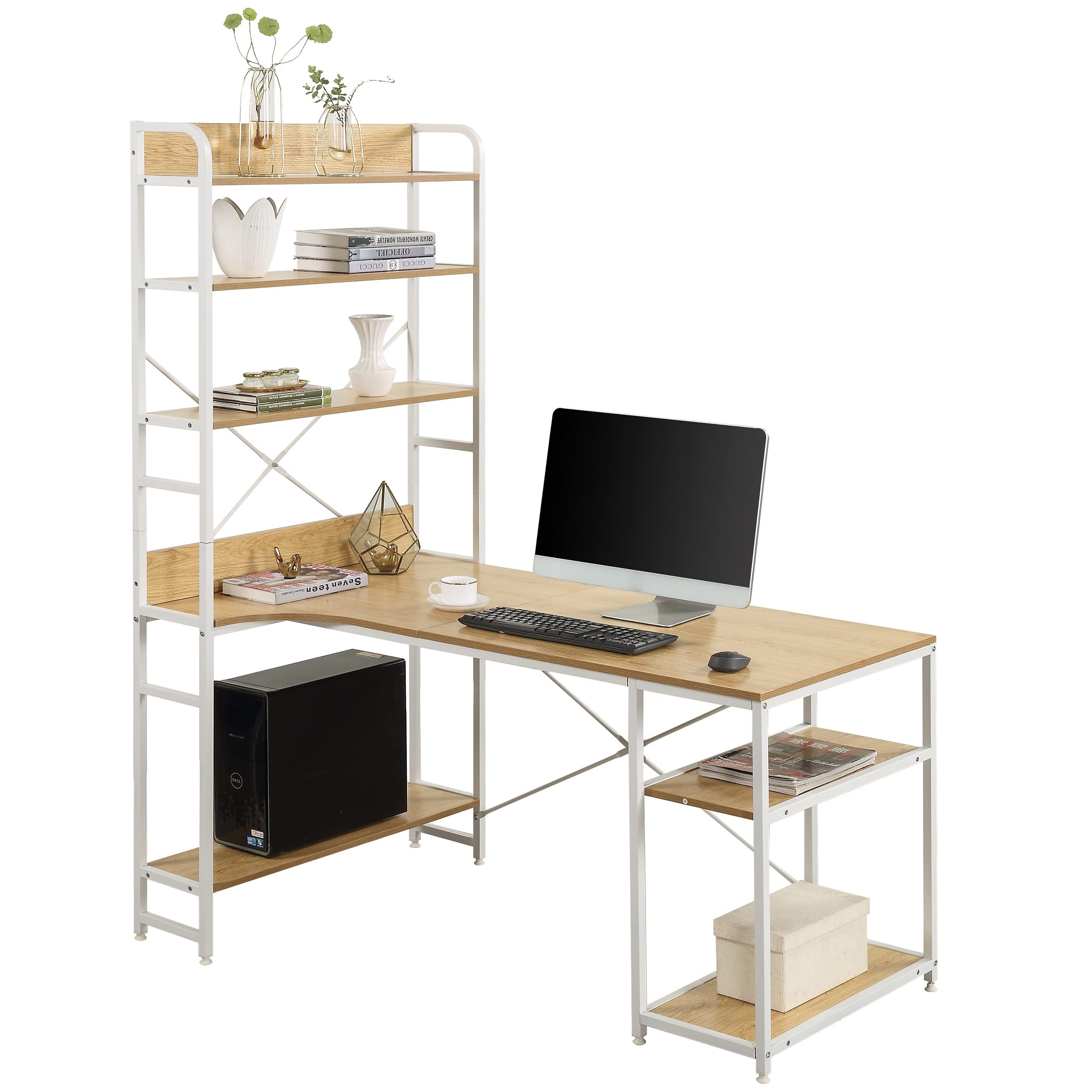 Modern Home Office Computer Desk with Steel Frame & MDF Board - 5-Tier Open Bookshelf & Ample Storage Space - Durable Workstation for Small Spaces (Natural Wood Finish) - Perfect for Remote Work, Study & Gaming Setup