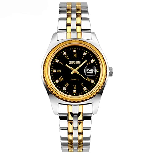 9098 Gold silver strap black dial