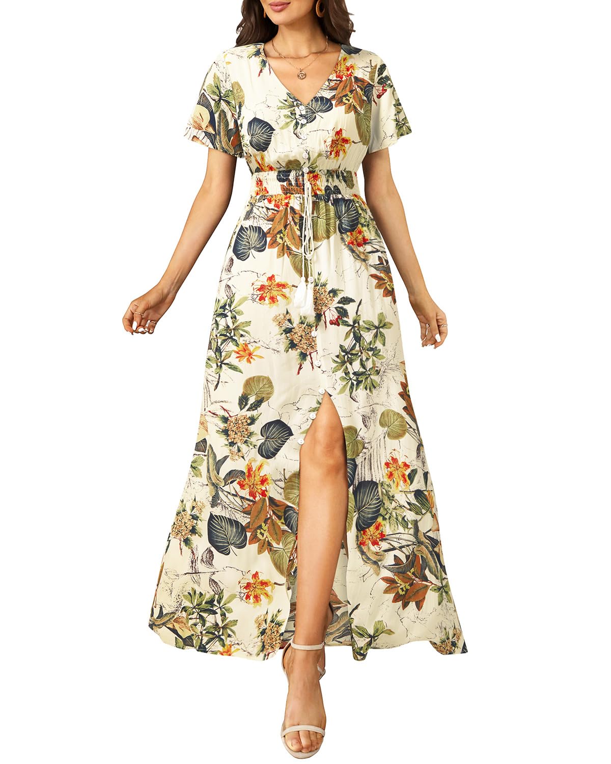 Floral Maxi Dress for Women - Button Up Front with Side Slit & Flowy Print - Perfect for Parties, Weddings & Summer Vacations