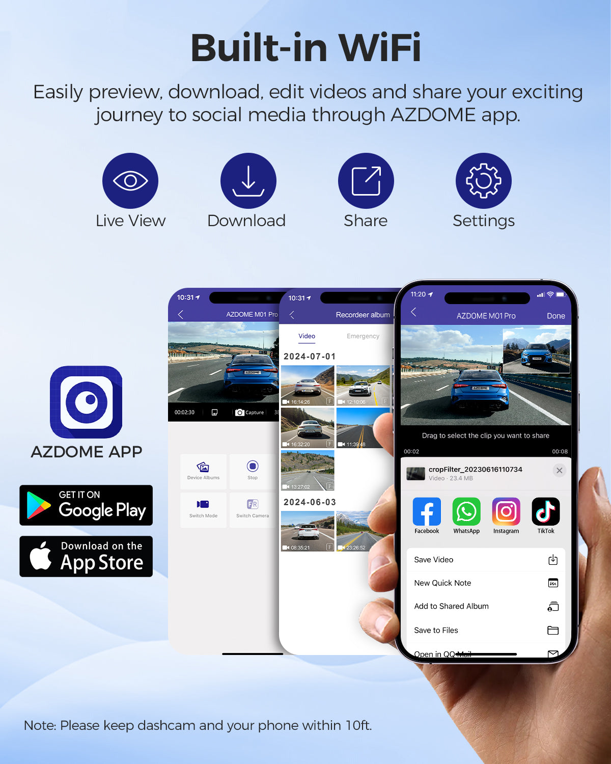 AZDOME M01 3K WiFi Dash Cam Front and Rear - Dual Car Camera with ADAS, G-Sensor & 24H Parking Mode - Perfect for Uber, Lyft Drivers & Road Trips