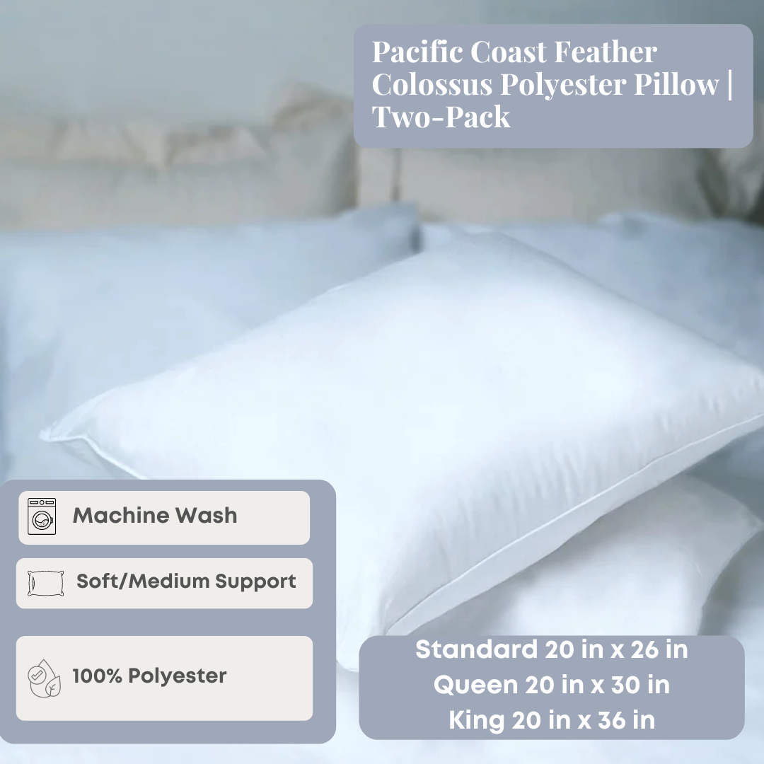 Pacific Coast Feather Colossus Polyester Pillows 2 Pack - Soft Support for Side & Back Sleepers - Perfect for Bed, Sofa & Guest Room