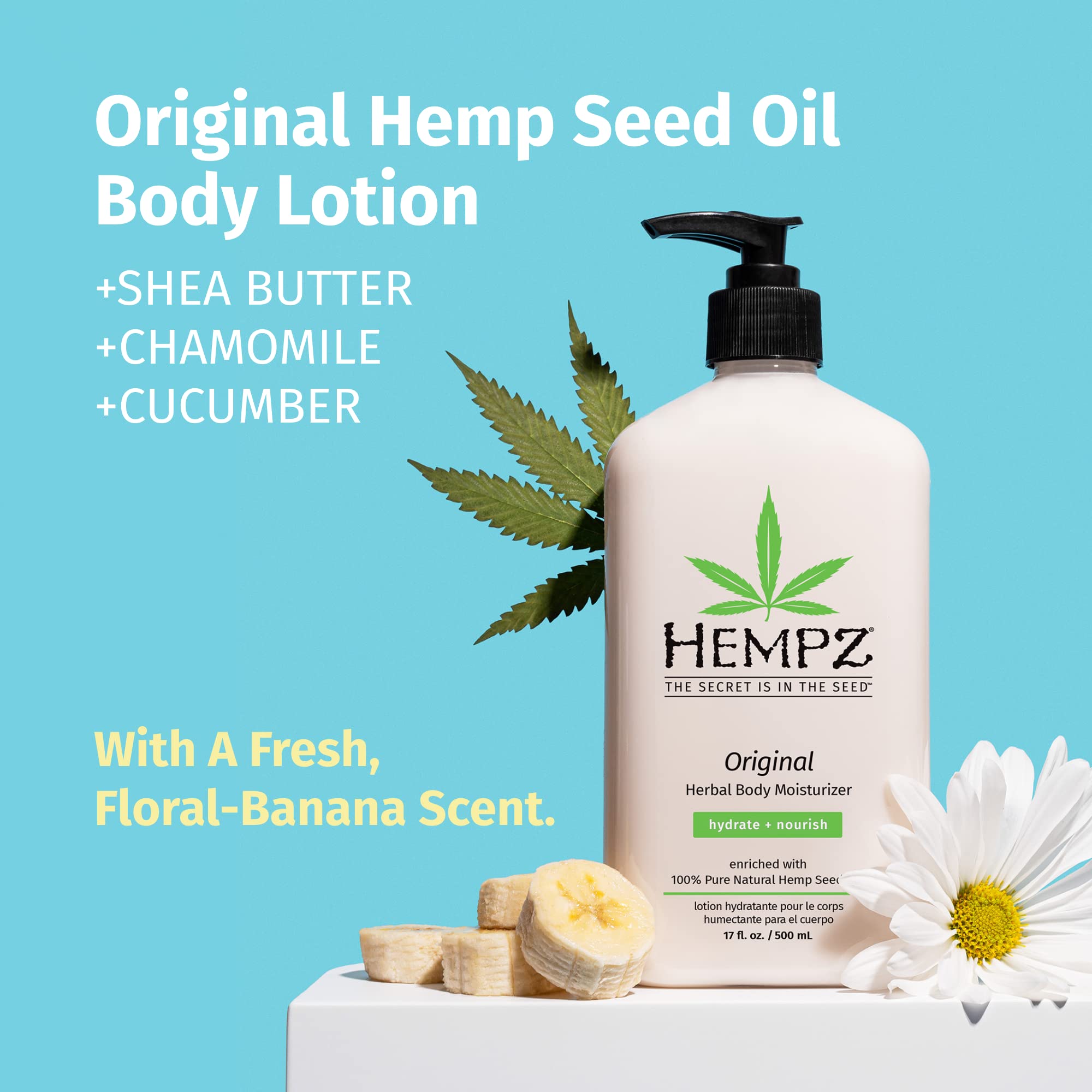 Hempz Sweet Pineapple & Honey Melon Body Lotion - 17oz Daily Moisturizing Cream with Natural Hemp Seed Oil, Shea Butter & Ginseng - Hydrating Dry Skin for Summer & Travel Use