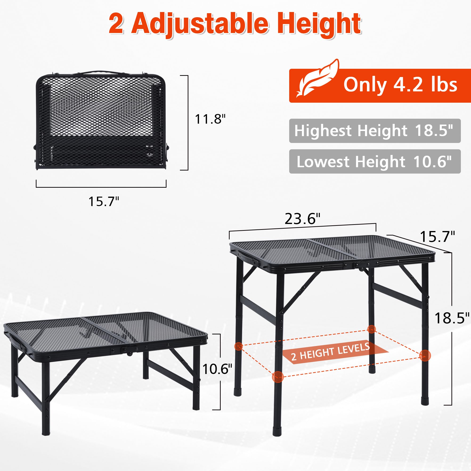 **2x1.3 FT Portable Folding Camping Table - Lightweight Adjustable Height Metal Grill Table with Mesh Desktop & Carry Bag - Perfect for Outdoor Camping, Picnic, Beach & BBQ (Black)**    *(Use Cases: Ideal for camping trips, backyard BBQs, beach outings, picnics, tailgating, and outdoor dining.)*