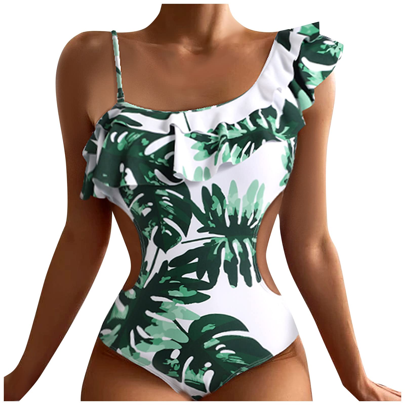 AKSHA Women's One Shoulder Monokini Swimsuits - Sexy Ruffle Tummy Control Tankini Bikini One-Piece Beachwear for Pool, Vacation & Summer Outfits