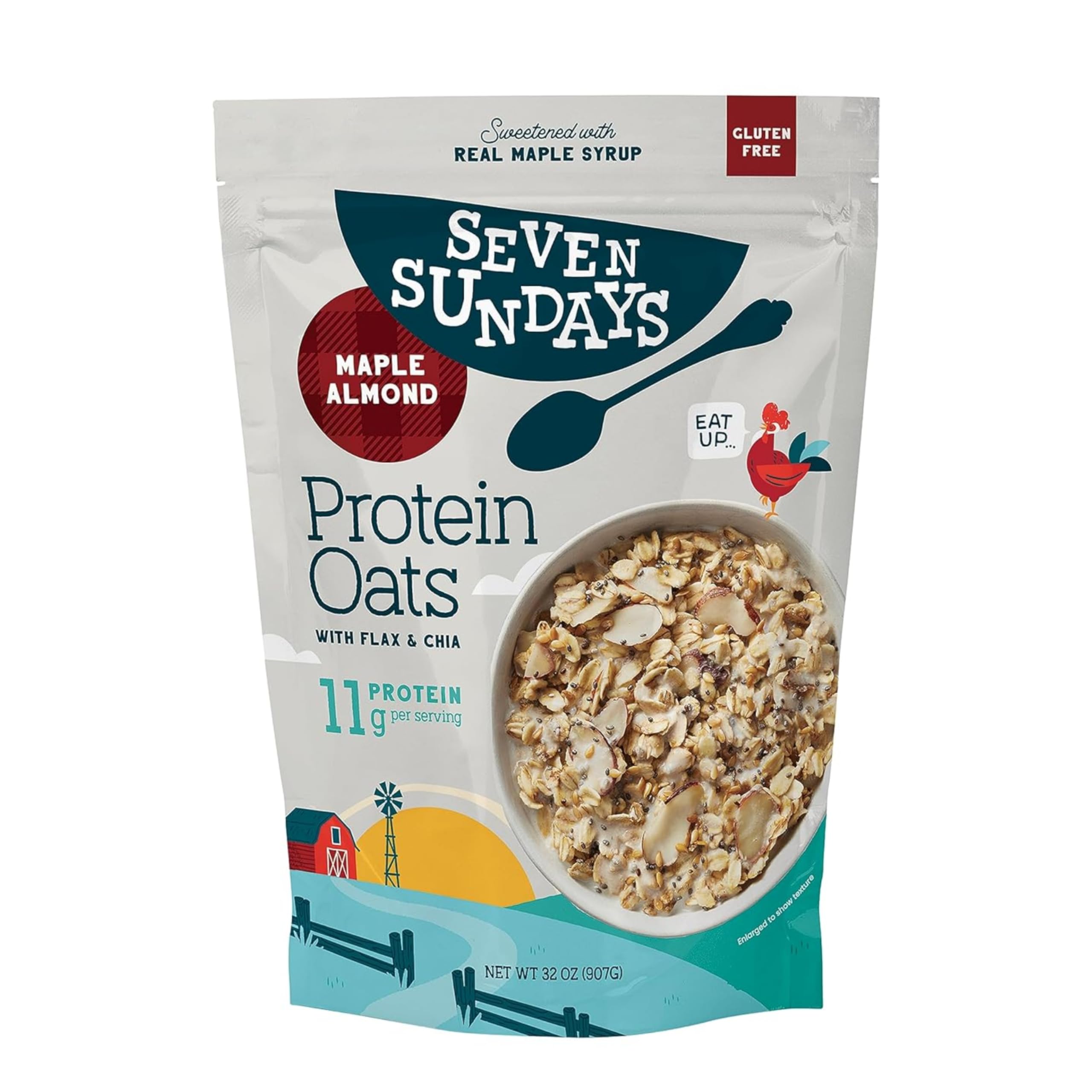 Seven Sundays Maple Almond Protein Oats - 32 Oz Bag | Gluten Free Breakfast Cereal with 11g Upcycled Protein | Perfect for Warm Porridge, Cold Oatmeal or Overnight Oats - Healthy Morning Meal & Post-Workout Snack