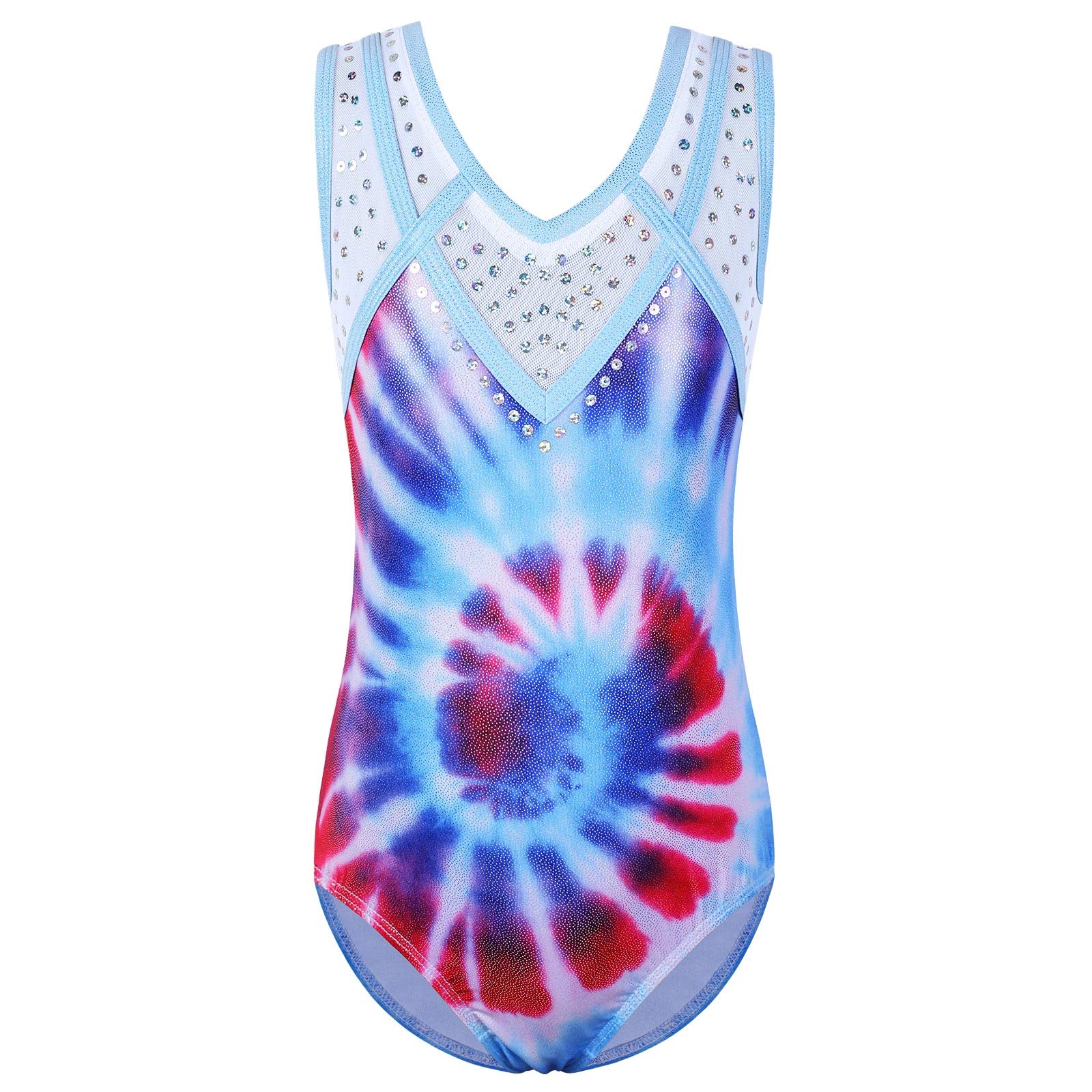 BAOHULU Girls Gymnastics Leotards with Shiny Sequins & Lace Spliced Design - Kids Dancewear B286 Tie Dye Blue 12A for Ballet, Cheerleading & Performance