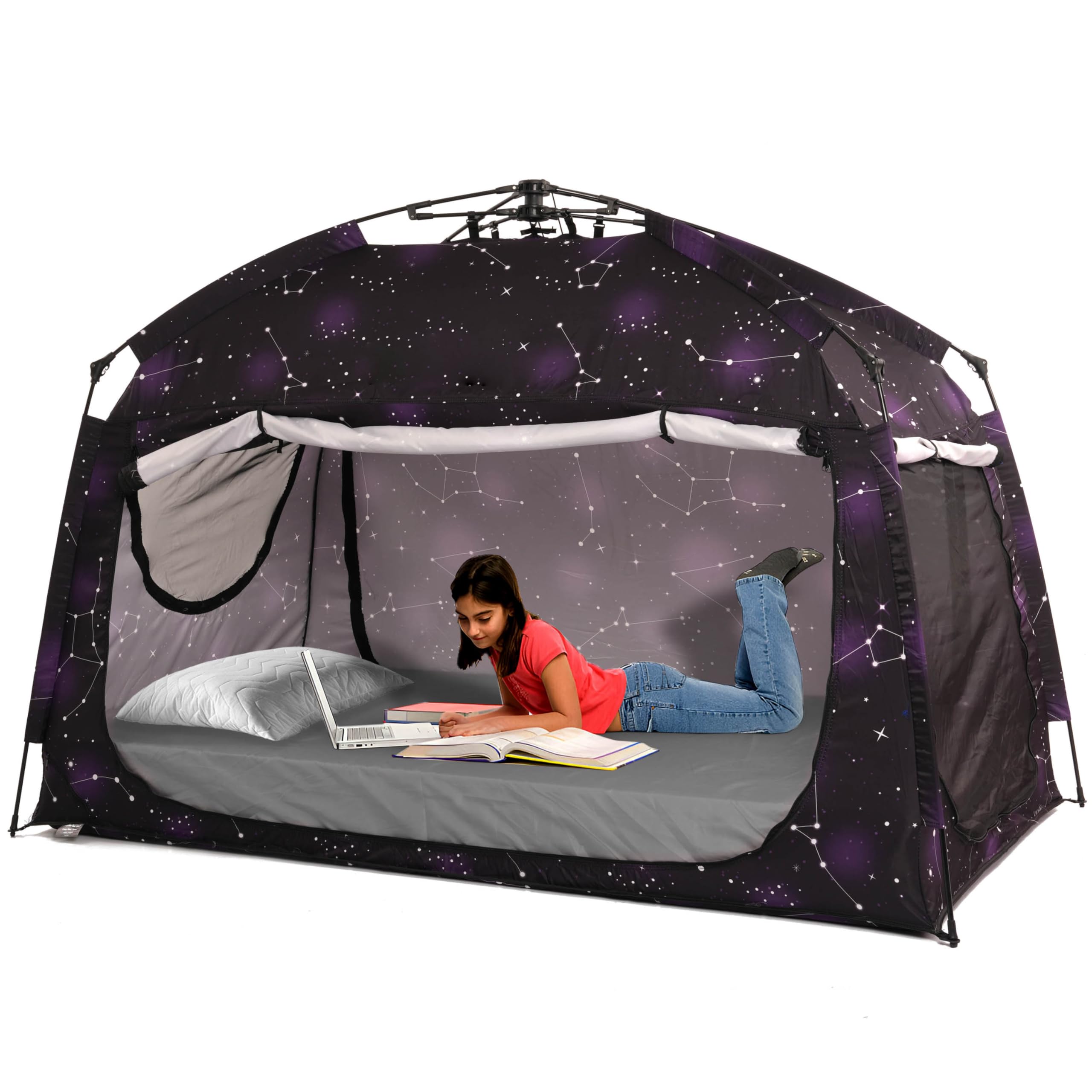 Instant Privacy Bed Tent for Sleeping - Quick Set Up Portable Bed Canopy with Large Space & 3 Doors - Twin Size Starry Design - Perfect for Dorm Rooms, Camping & Kids Sleepovers