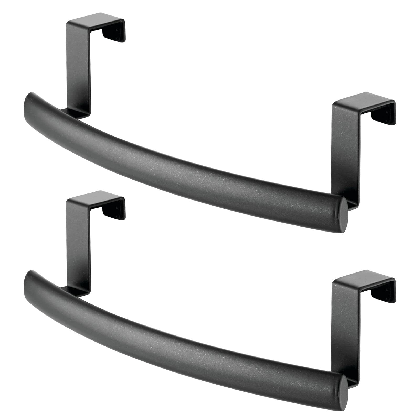mDesign Steel Over Door Curved Towel Bar Storage - 2 Pack Black Spira Collection - Space-Saving Hanger for Cabinet, Cupboard, Kitchen & Bathroom - Holds Hand Towels, Dish Towels & Washcloths - Perfect for Small Spaces, Apartments & Dorm Rooms