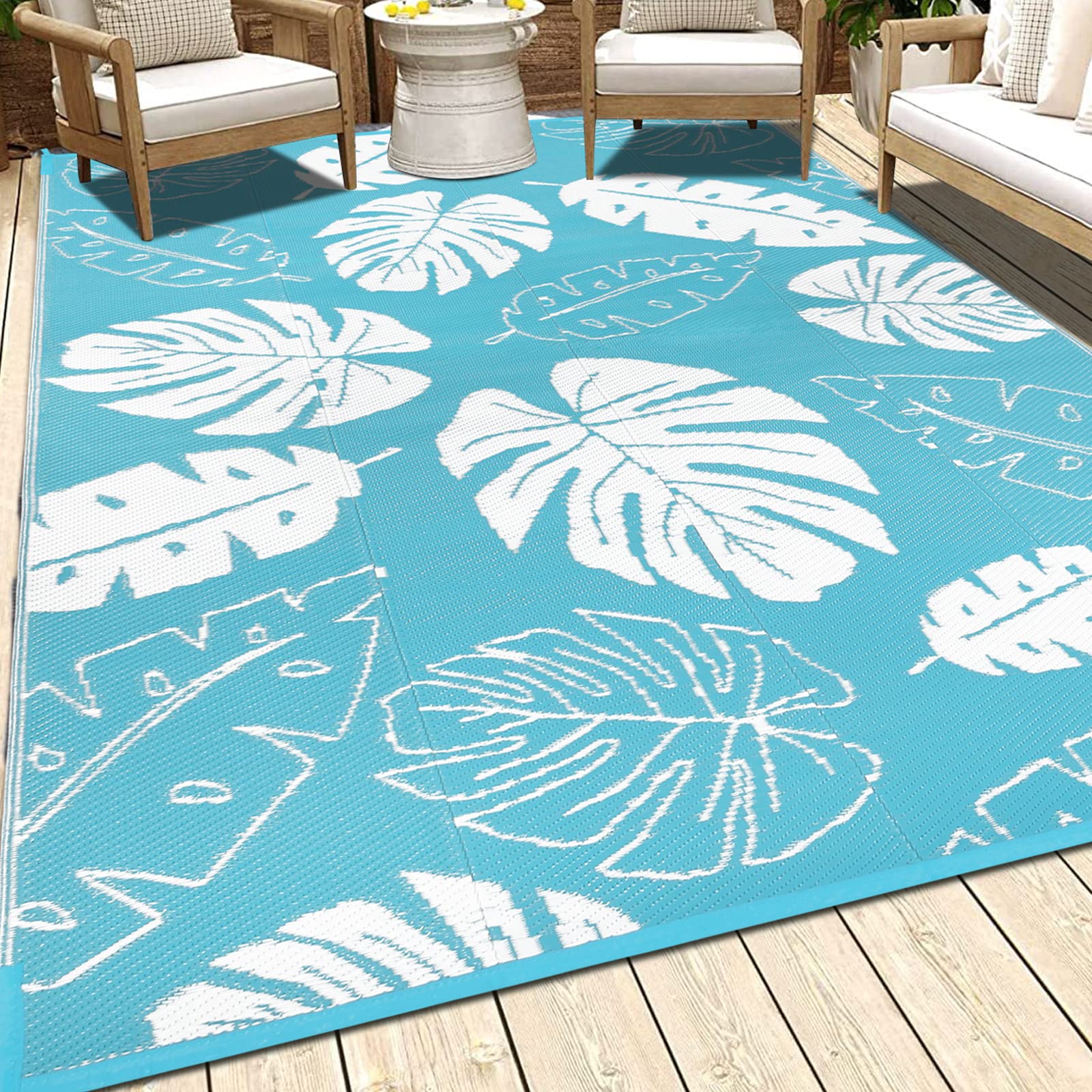 HEBE 5'x7' Waterproof Reversible Outdoor Rug - Durable Plastic Straw Patio Mat for RV, Camping, Porch, Balcony & Beach - Floral Design Non-Slip Doormat | Perfect for Picnics, Backyard Decor & Summer Gatherings
