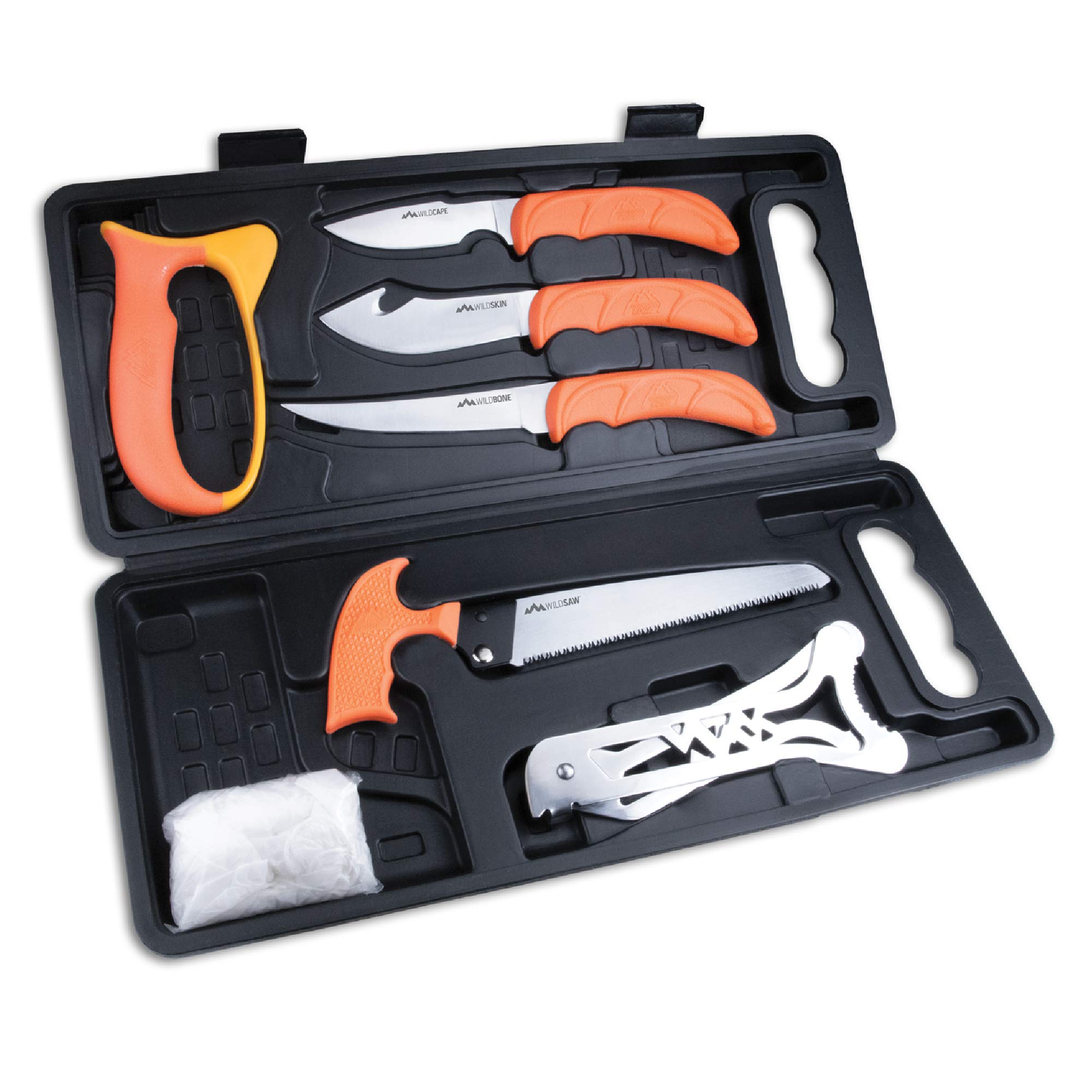 OUTDOOR EDGE WildPak 8-Piece Hunting Knife Set with Caping Knife, Gut-Hook Skinner, Boning/Fillet Knife, Wood/Bone Saw, Spreader, Gloves, and Hard-Side Carry Case – Perfect for Field Dressing, Game Processing, and Outdoor Adventures