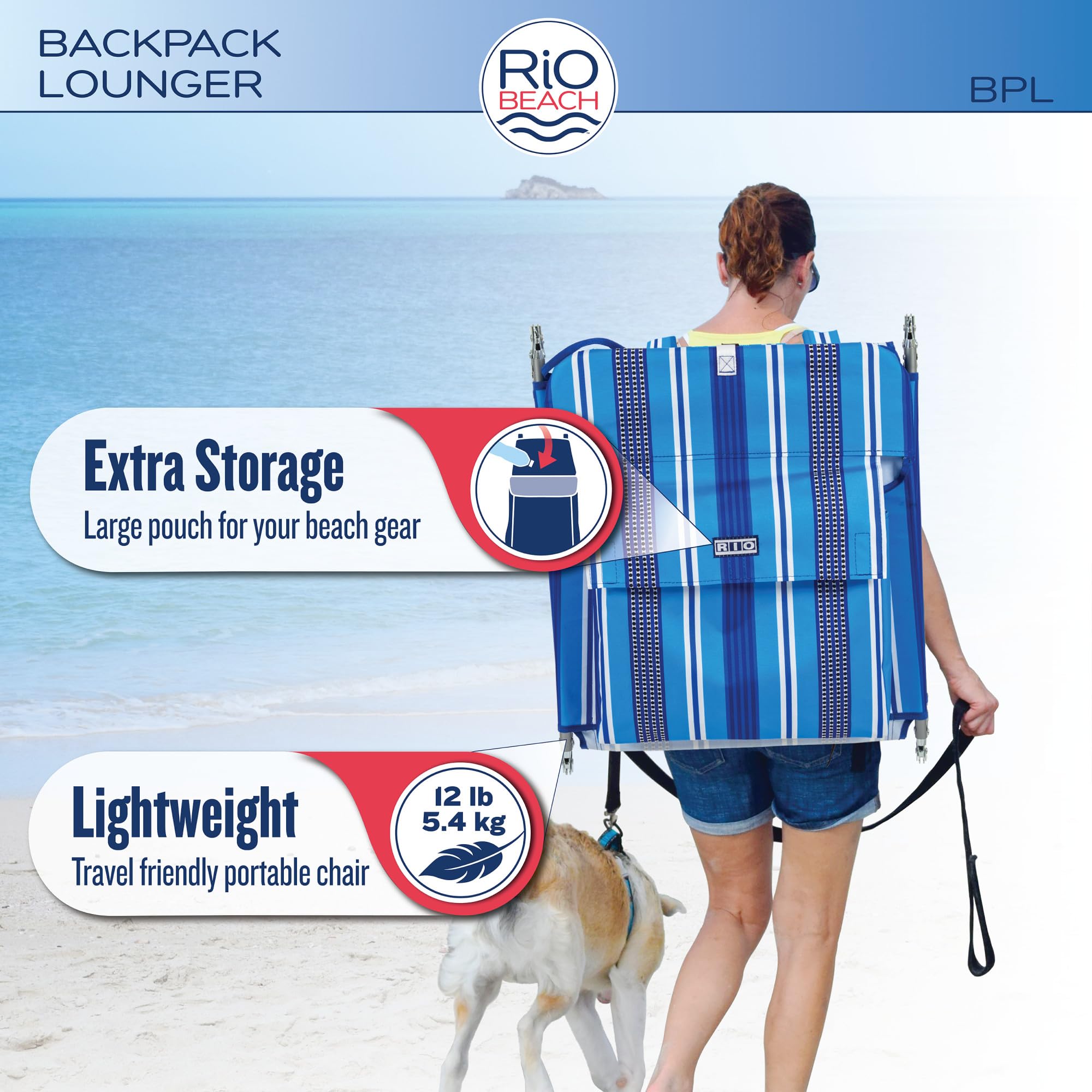 Rio Beach Portable Lay Flat Folding Backpack Beach Lounge Chair - Lightweight, Adjustable with Backpack Straps & Storage Pouch - Perfect for Beach, Pool, Camping & Outdoor Relaxation - Blue Stripe