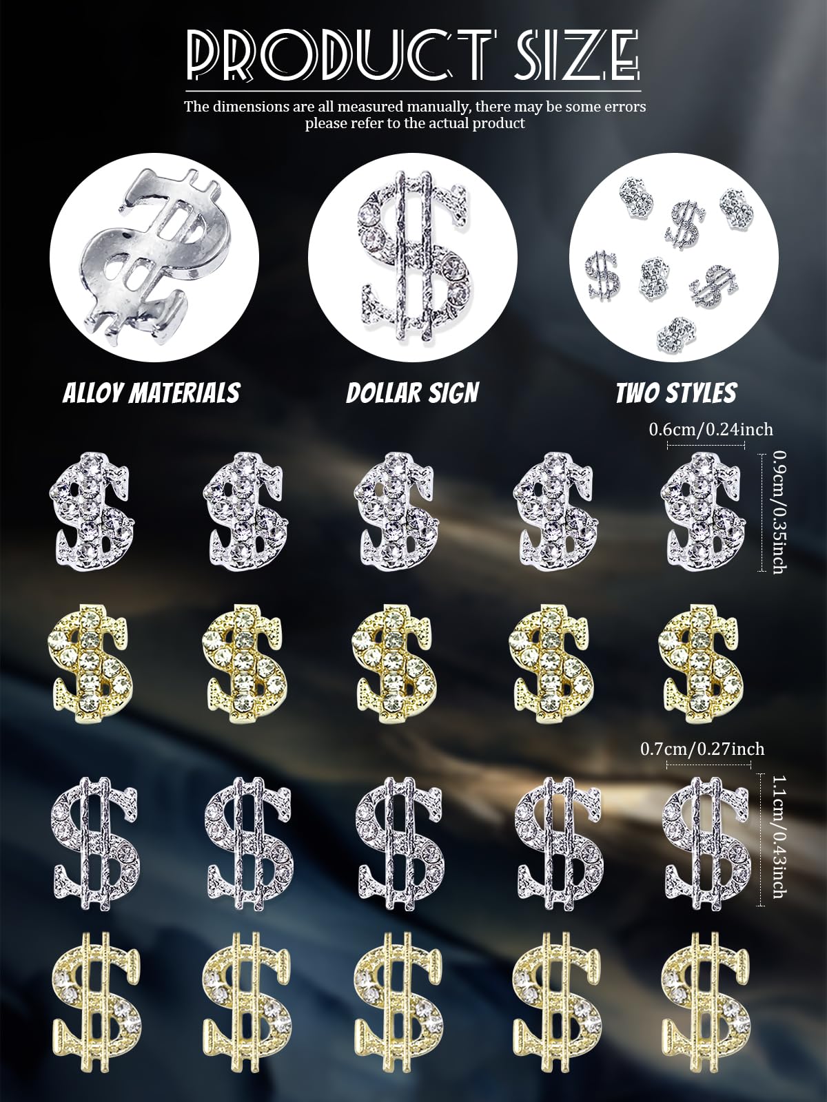 20Pcs 3D Silver & Gold Dollar Nail Charms - Shiny Money Sign Rhinestone Nail Art Decorations for Women & Girls | DIY Nail Jewelry & Craft Accessories | Perfect for Parties, Holidays & Special Occasions
