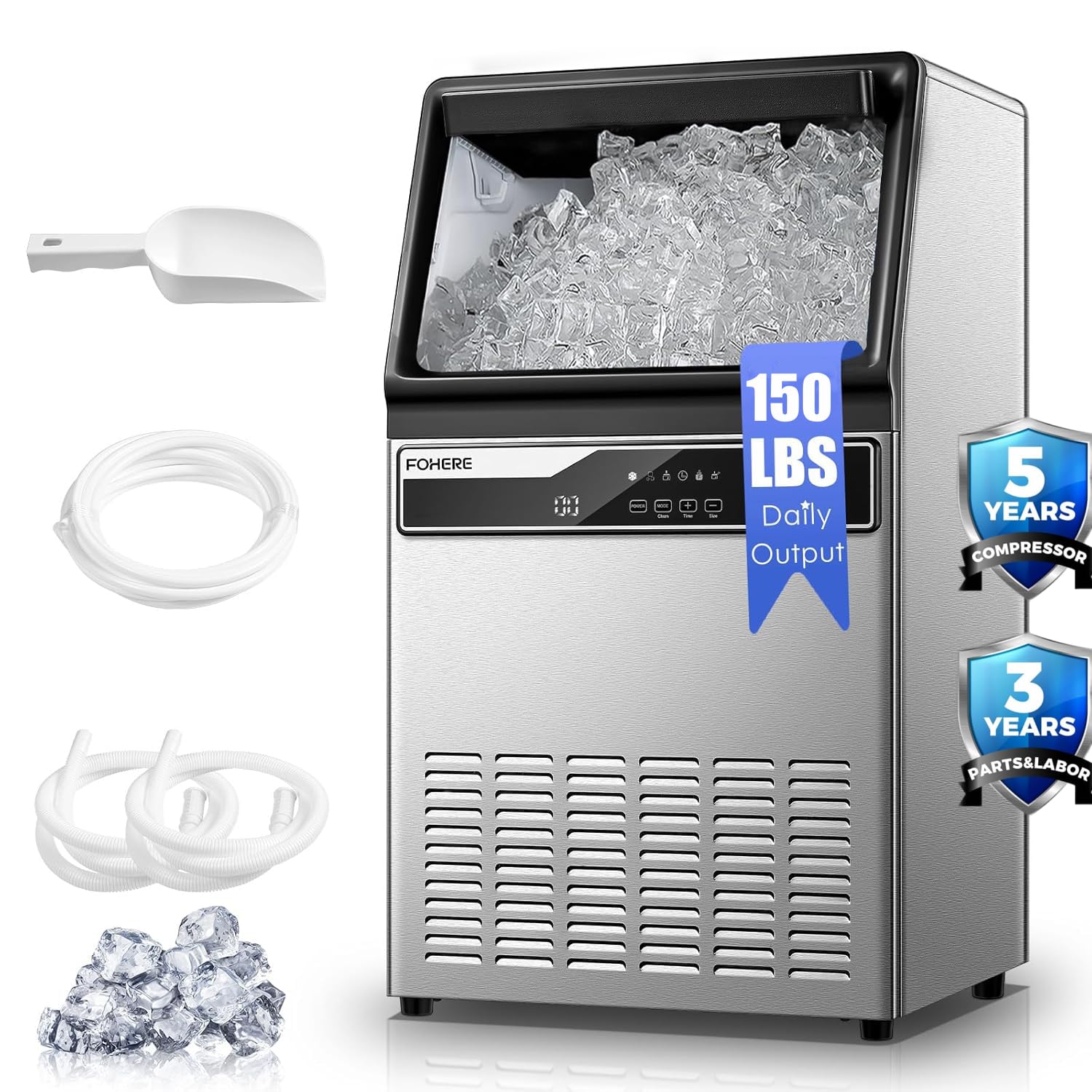 150lbs/24h Commercial Ice Maker Machine - Stainless Steel Under Counter Ice Machine with 33lbs Storage Bin - Freestanding Heavy Duty Ice Maker for Restaurants, Bars, Cafes & Hotels - Perfect for Cocktails, Beverages & Food Service