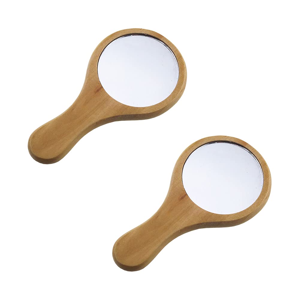 2 Pack Small Portable Wooden Makeup Mirror with Handle - Round Cosmetic Handheld Mirror for Travel, Vanity & Purse | Natural Wood Beauty Mirror for Home & On-the-Go Touchups
