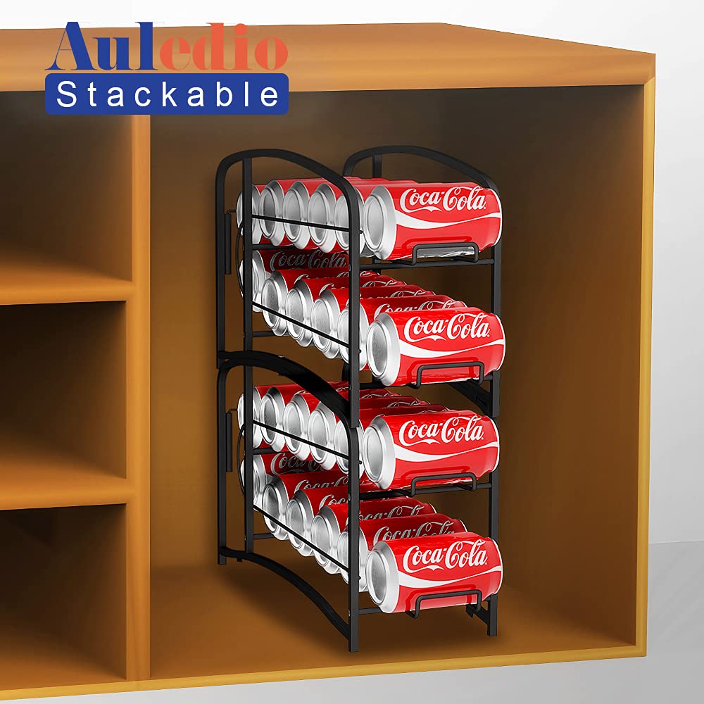 AULEDIO Stackable Beverage Can Dispenser Rack - 2 Pack Black Canned Food Organizer for Pantry & Refrigerator Storage | Perfect for Soda, Beer & Energy Drink Organization at Home or Office
