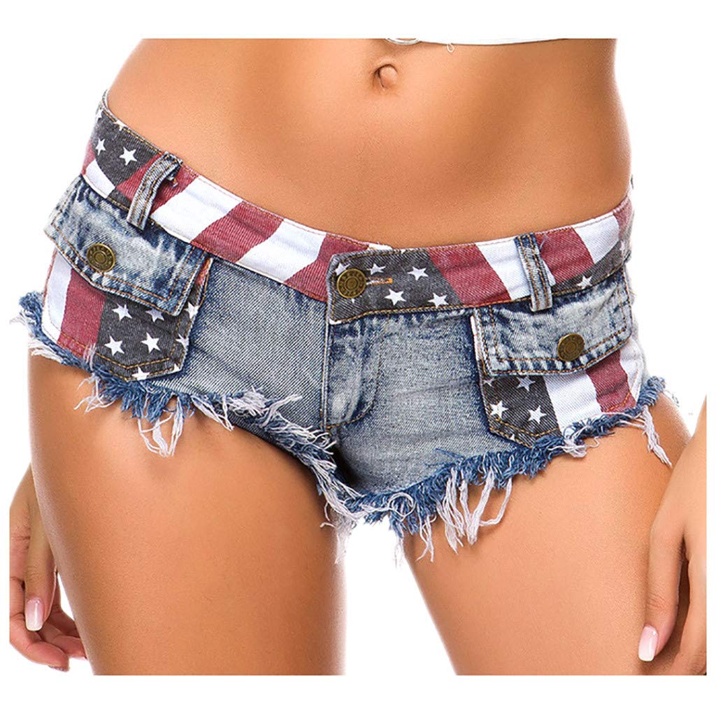 Mikilon Women's Low-Rise American Flag Print Ripped Denim Shorts - Stylish Distressed Jean Shorts for Summer, Beach, and Casual Outfits