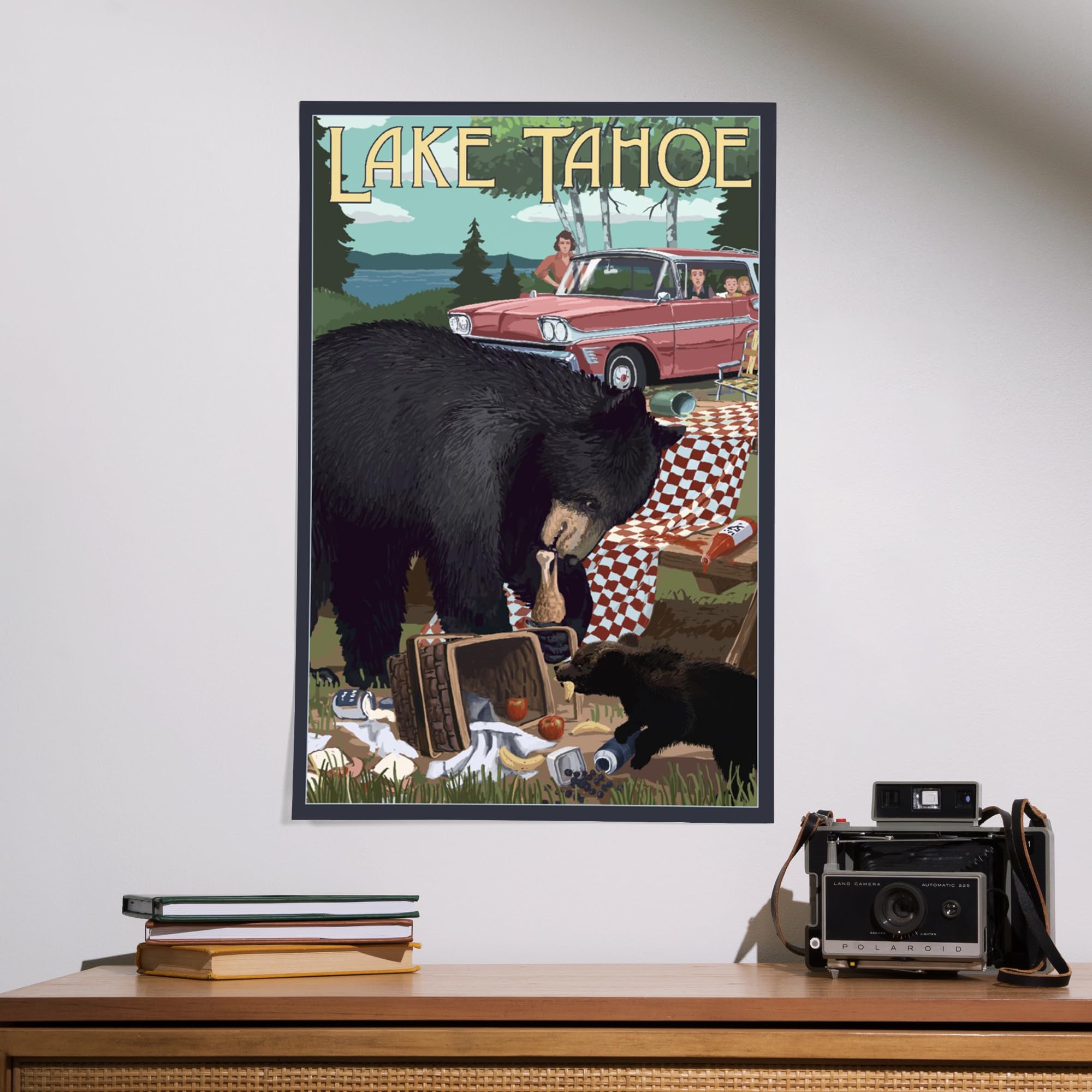 Lantern Press 16x24 Inch Giclee Art Print - Lake Tahoe California Landscape with Bear & Picnic Scene - Perfect for Home Decor, Office Wall Art & Cabin Retreats