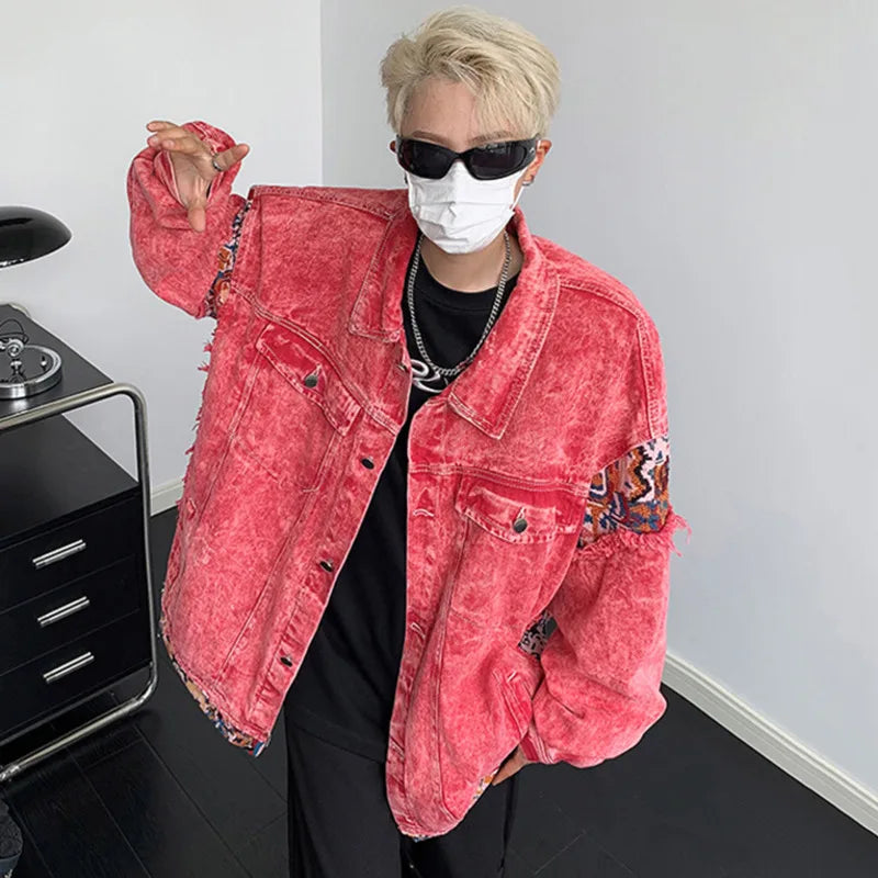 Men's Autumn Denim Jacket - Patchwork Wash, Turn-Down Collar, Single-Breasted Korean Style Coat (9C6649) | Casual Streetwear & Fall Layering Essential