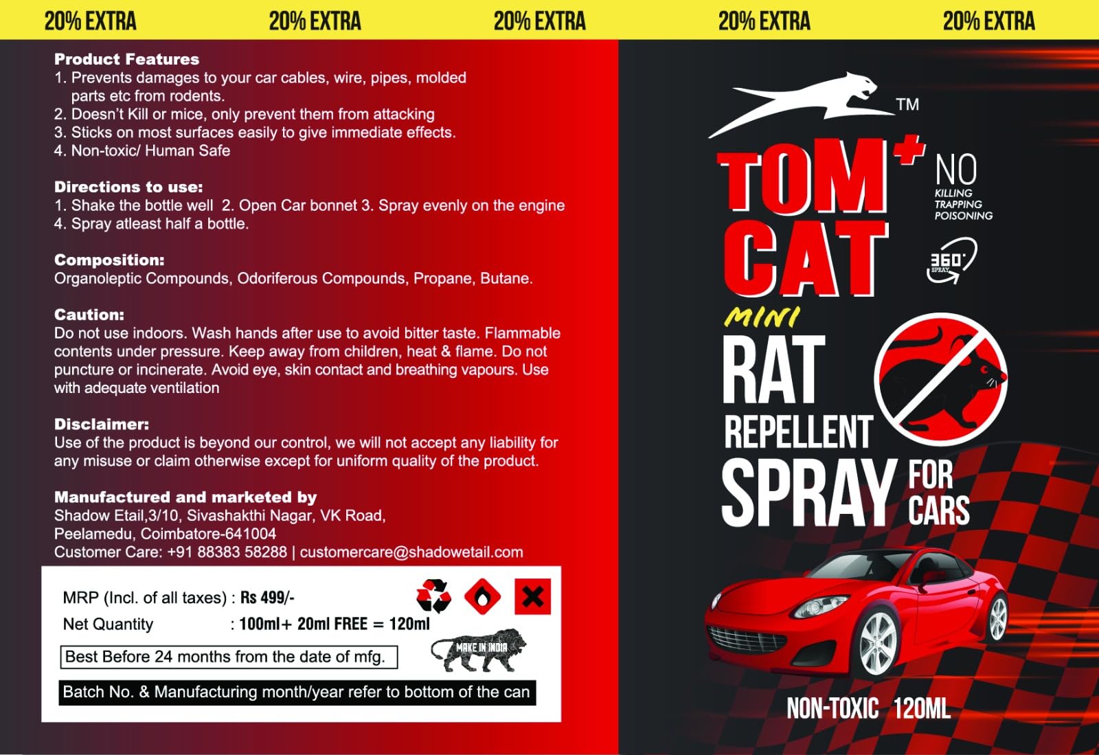 Tom Cat No Entry Rat Repellent Spray - 100ml | Non-Toxic Rodent Repellent for Cars, Trucks, Buses & Motorcycles | Protects Wires & Engine from Rats | Safe & Effective Pest Control Solution | Ideal for Garage, Parking & Outdoor Vehicle Protection | Pack of 1 (6X Formula)