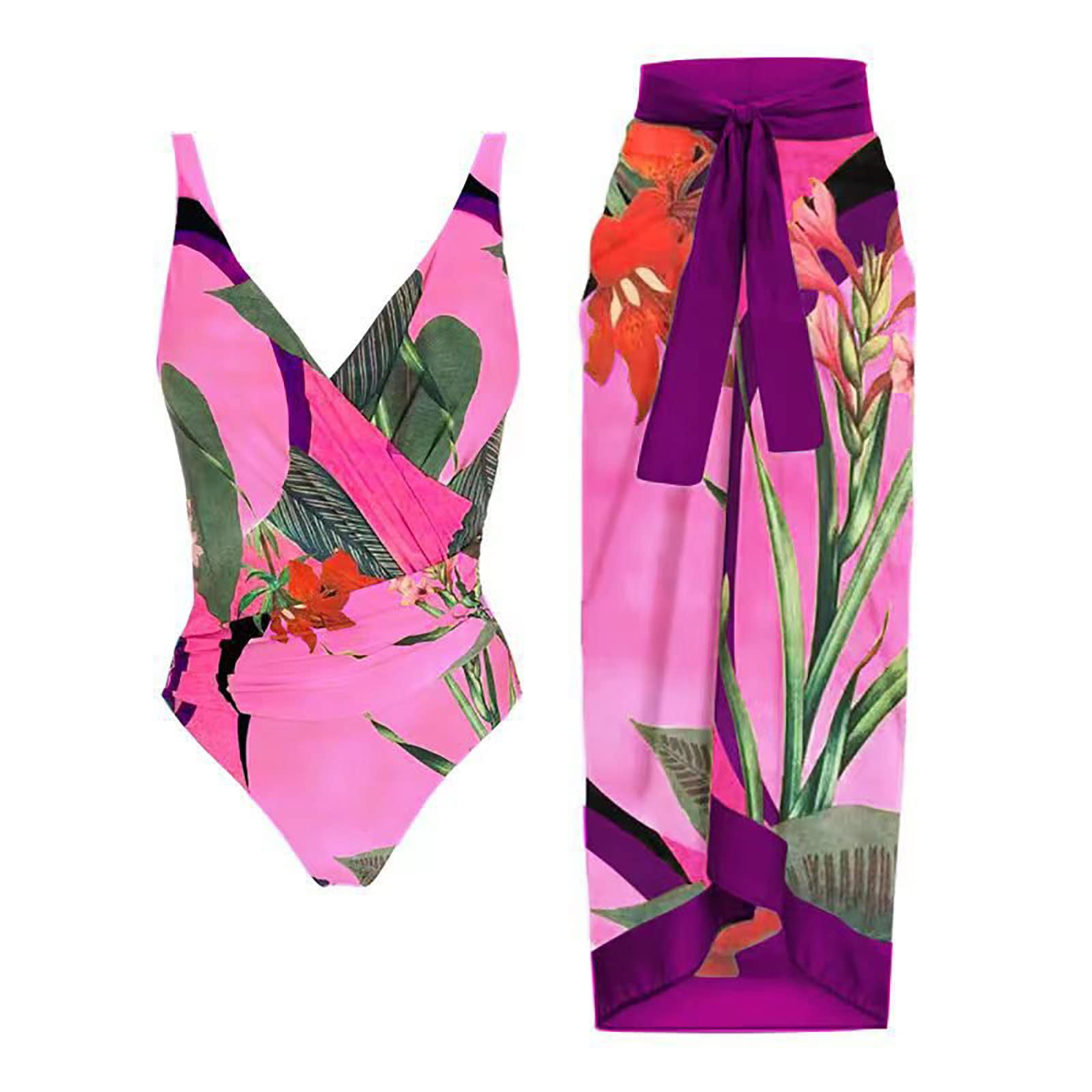 Vintage Print Two Piece Swimsuits for Women - Sexy Deep V Neck Bikini with Chiffon Overskirt - Summer Beachwear & Pool Party Outfit