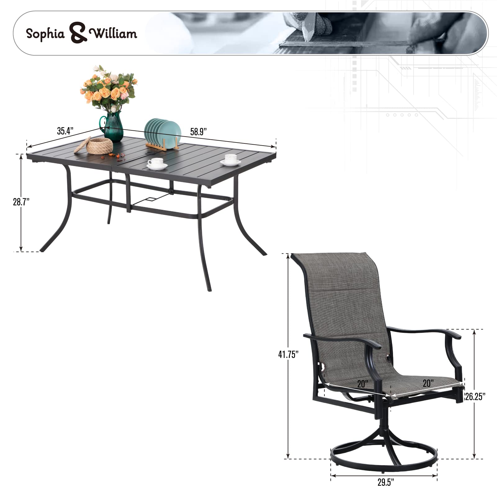Sophia & William 7-Piece Patio Dining Set - 6 Swivel Chairs & Metal Table, Quick-Dry Textilene, Supports 350lbs - Perfect for Lawn, Garden, Pool & Backyard Outdoor Entertaining
