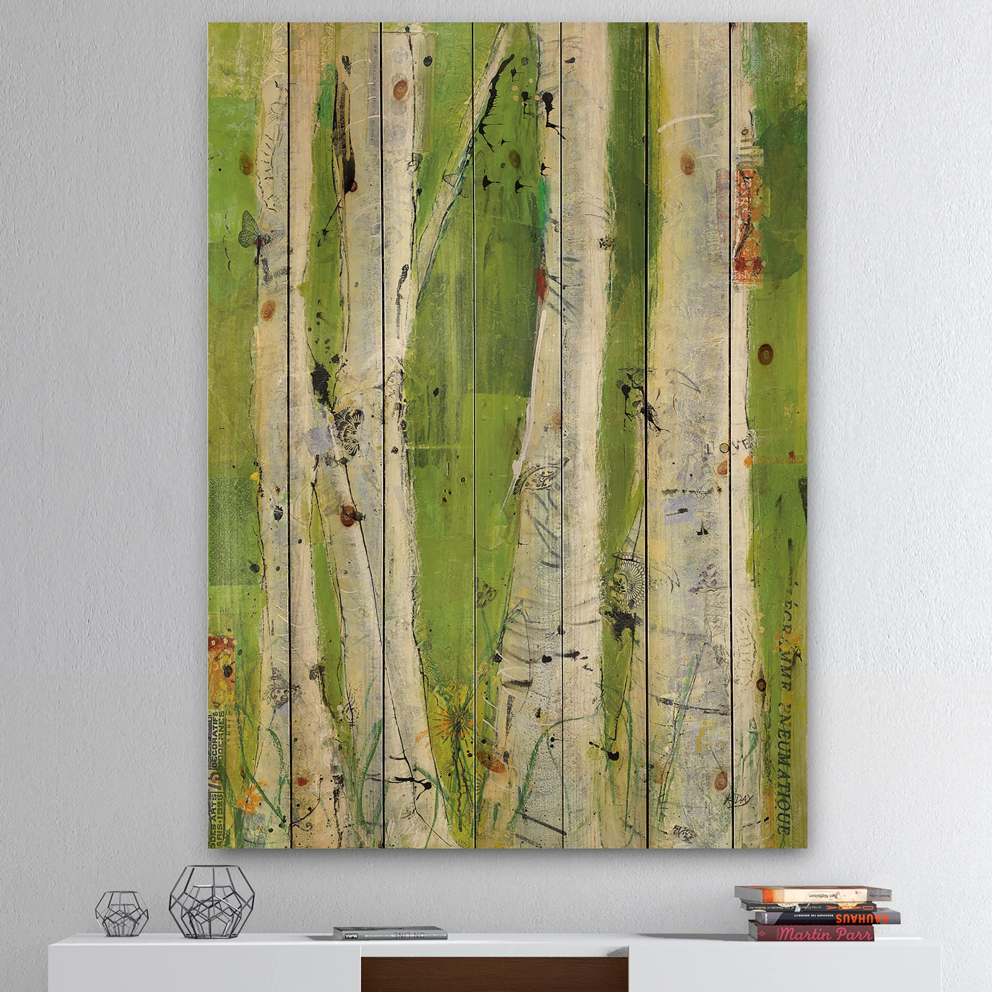 DesignQ Green Birch Forest Traditional Wood Wall Decor - Large Floral Printed Pine Wood Art Panel - Nature Inspired Home Decor for Living Room, Bedroom & Office