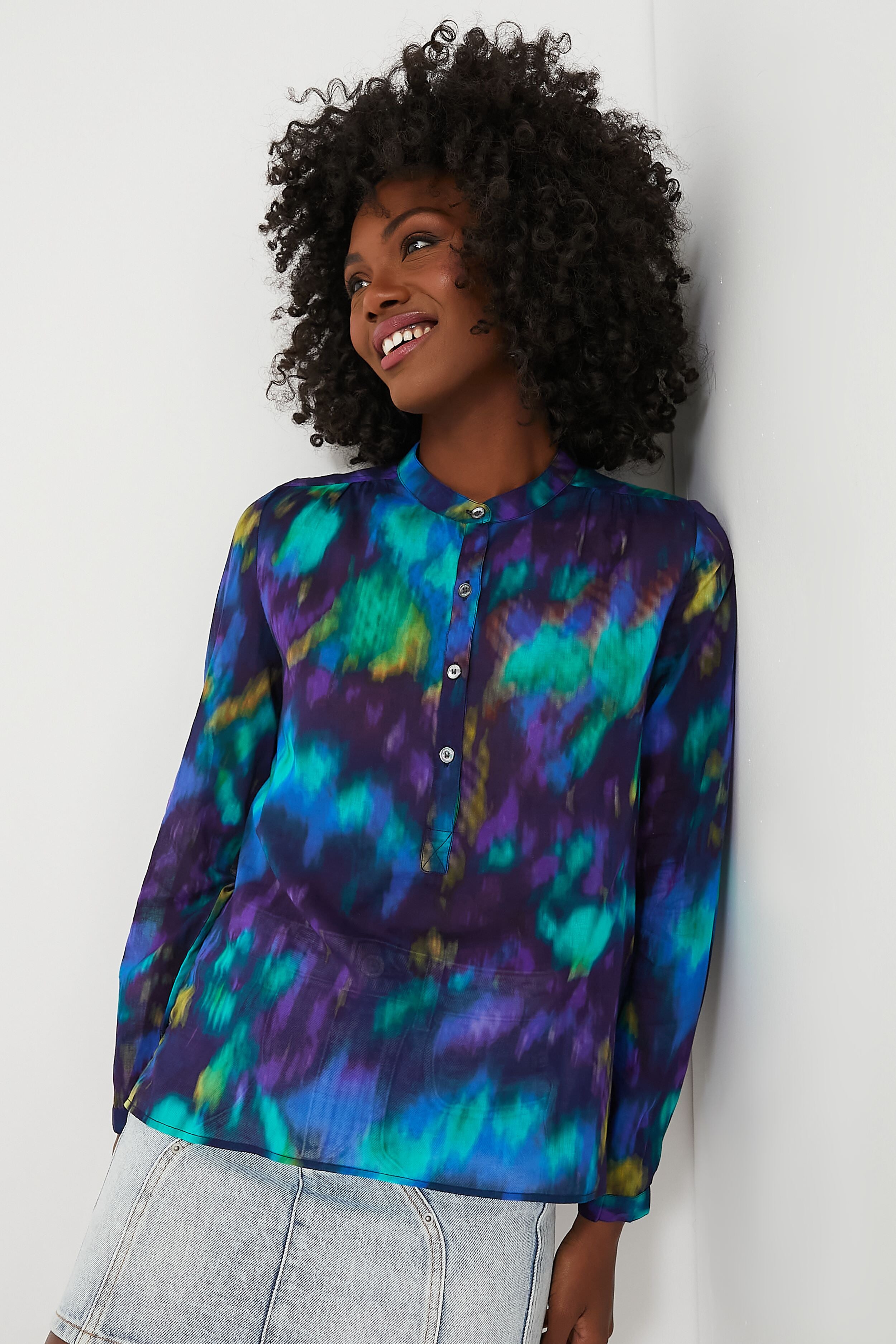 Blue Green Maria Watercolor Blouse - Elegant Flowy Women's Top for Casual Wear, Office & Date Night Outfits