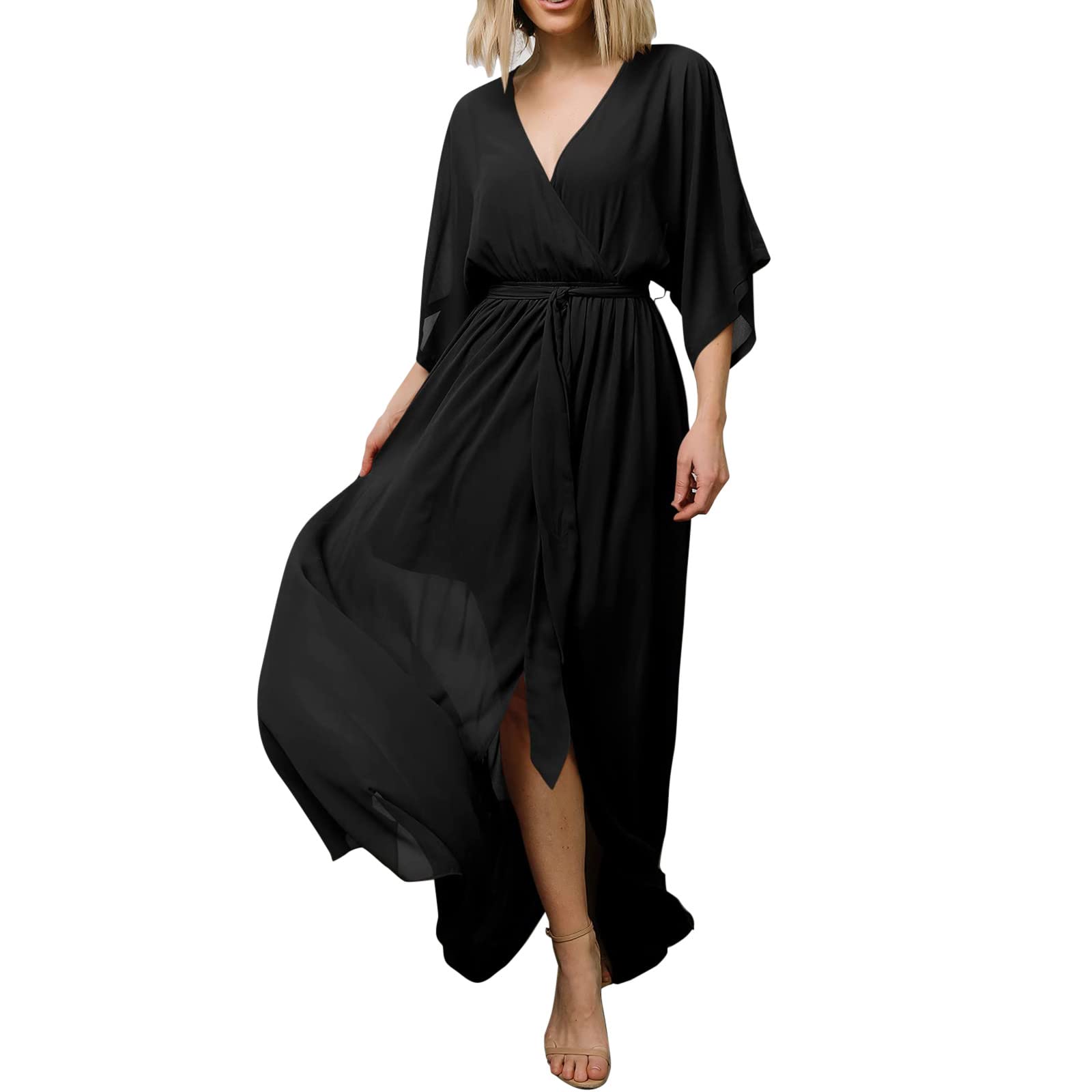 Elegant Women's Graduation Dress - Solid V-Neck Boho Style with Belt & Side Split, Casual Half Sleeve Midi Dress for Ceremony, Party & Special Occasions
