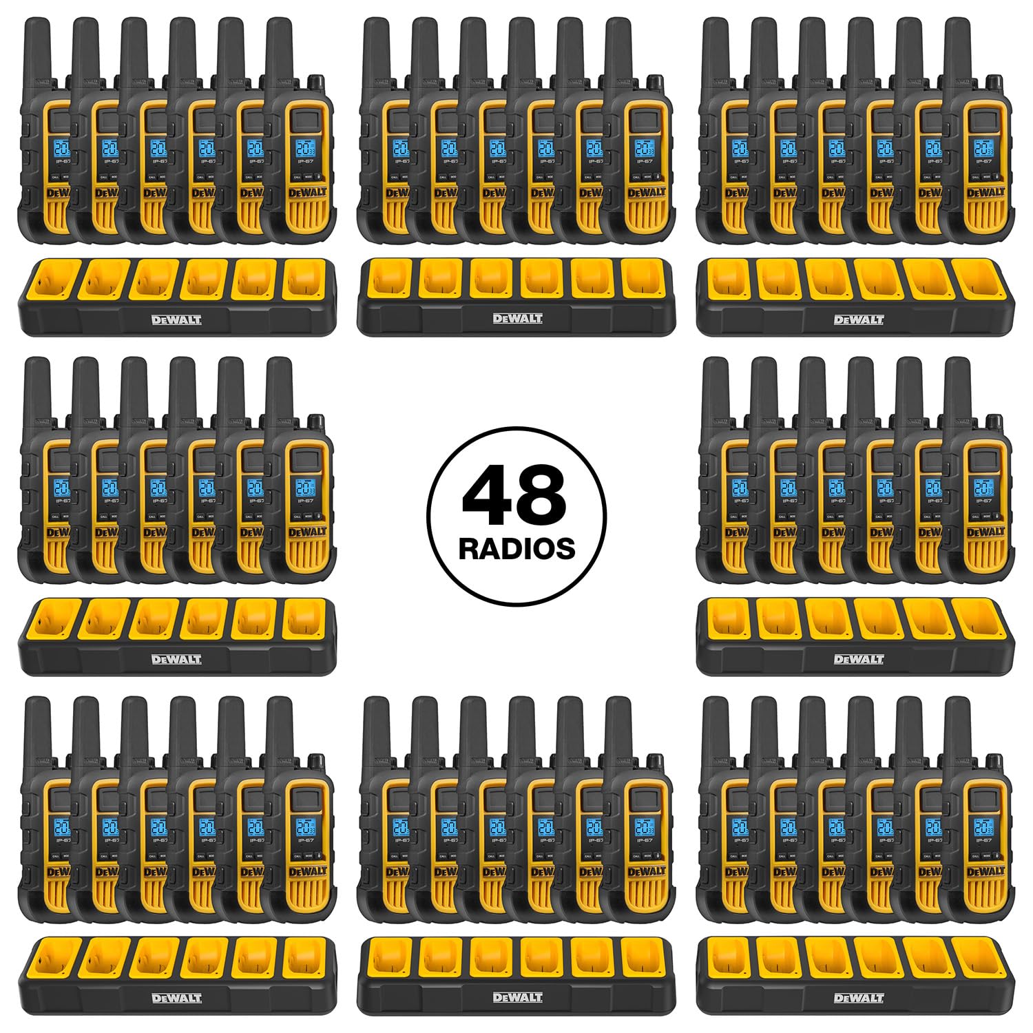DEWALT DXFRS800 Heavy Duty 2-Watt Walkie Talkies - Waterproof, Shock Resistant, Long Range Two-Way Radios with VOX & Rechargeable Battery (48 Pack with 8X Gang Chargers) - Ideal for Construction Sites, Warehouses, and Outdoor Adventures