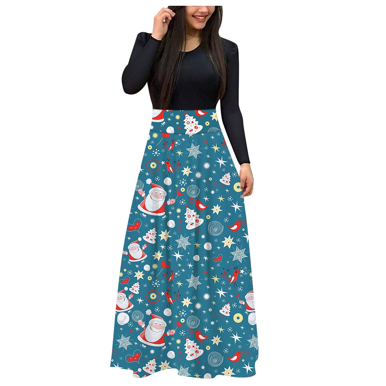 Women's Christmas Long Sleeve Maxi Dress - Crewneck Wrap Waist Stitching Casual Fashion Dress for Fall Wedding Guest & Holiday Parties - Blue001