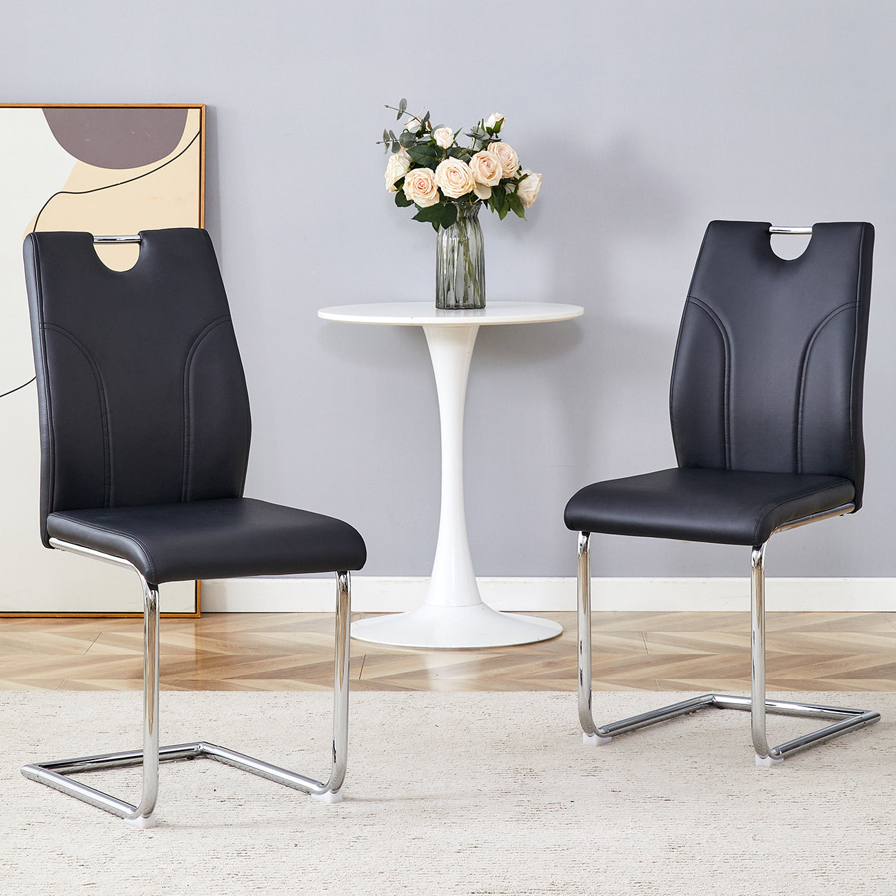 Modern Black PU Leather Dining Chairs Set of 2 - Waterproof & Stain-Resistant with Silver Metal Legs - Elegant Office, Restaurant, Kitchen & Conference Room Seating - Perfect for Home Dining & Commercial Spaces