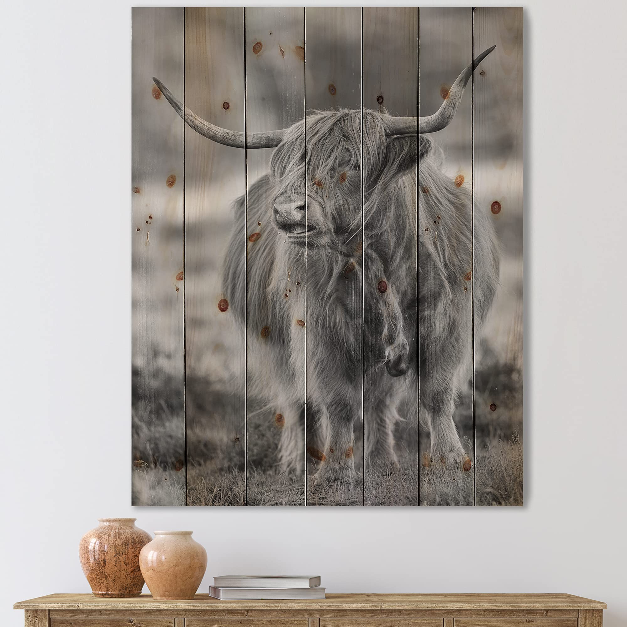 DesignQ Bull Farmhouse Wood Wall Decor - Grey Wood Wall Art with Large Animal Print on Natural Pine Wood - Perfect for Rustic Home, Cabin, or Western-Themed Room Decor